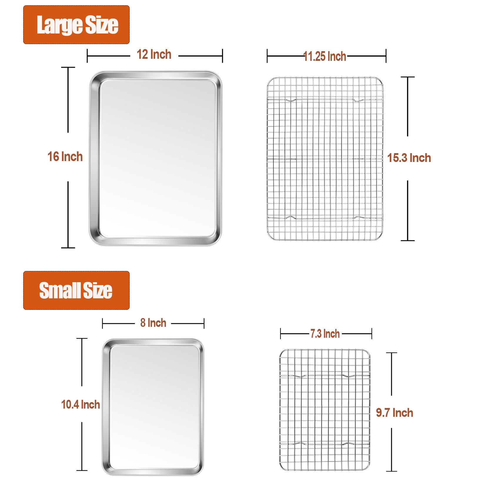 P&P Chef Baking Sheet And Rack Set, 4 Pack (2 Sheets + 2 Racks), 2 Sizes Stainless Steel Baking Pans Cookie Sheets With Cooling
