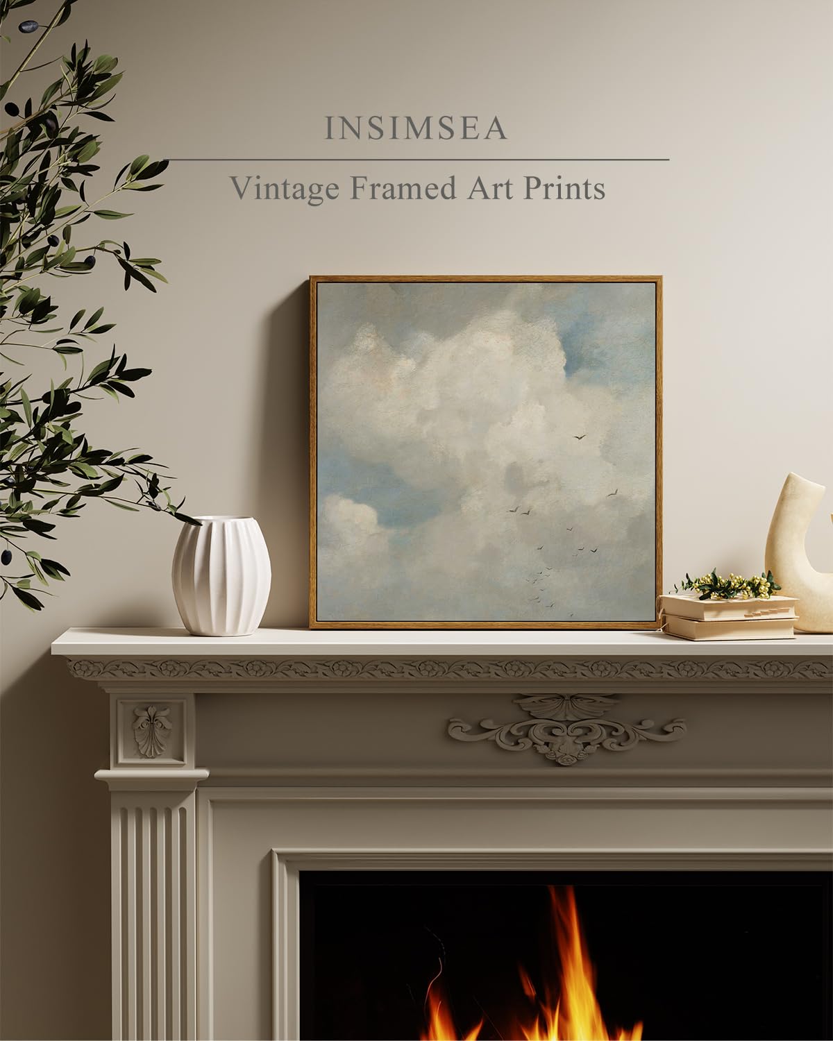 Insimsea Square Framed Canvas Wall Art, Home Decor Classical Oil Paintings Sky Cloud Birds Prints, Vintage Landscape Large Wall