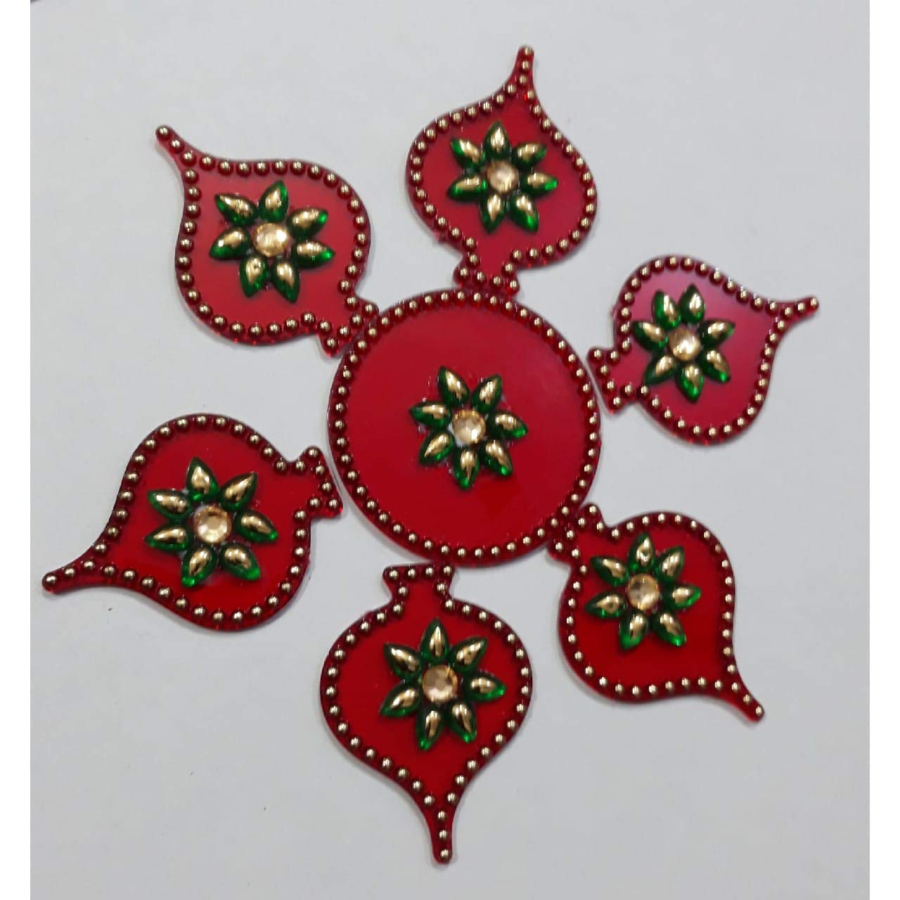 Bds Creations 004 Red Small Handcrafted Decorative Diwali Rangoli Set - Multicolor Jewel Stone/Kundan Decoration - 7 Piece Set