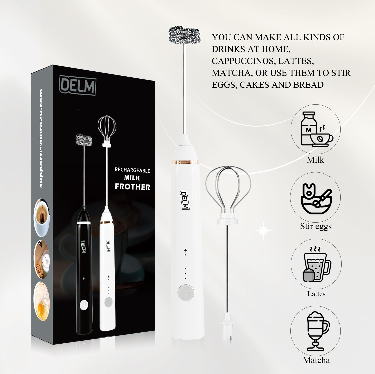 Delm Milk Frother Electric Usb Stainless Steel Accessory - Frother Wand Foam Maker For Lattes - Milk Frother Handheld For Cappuc