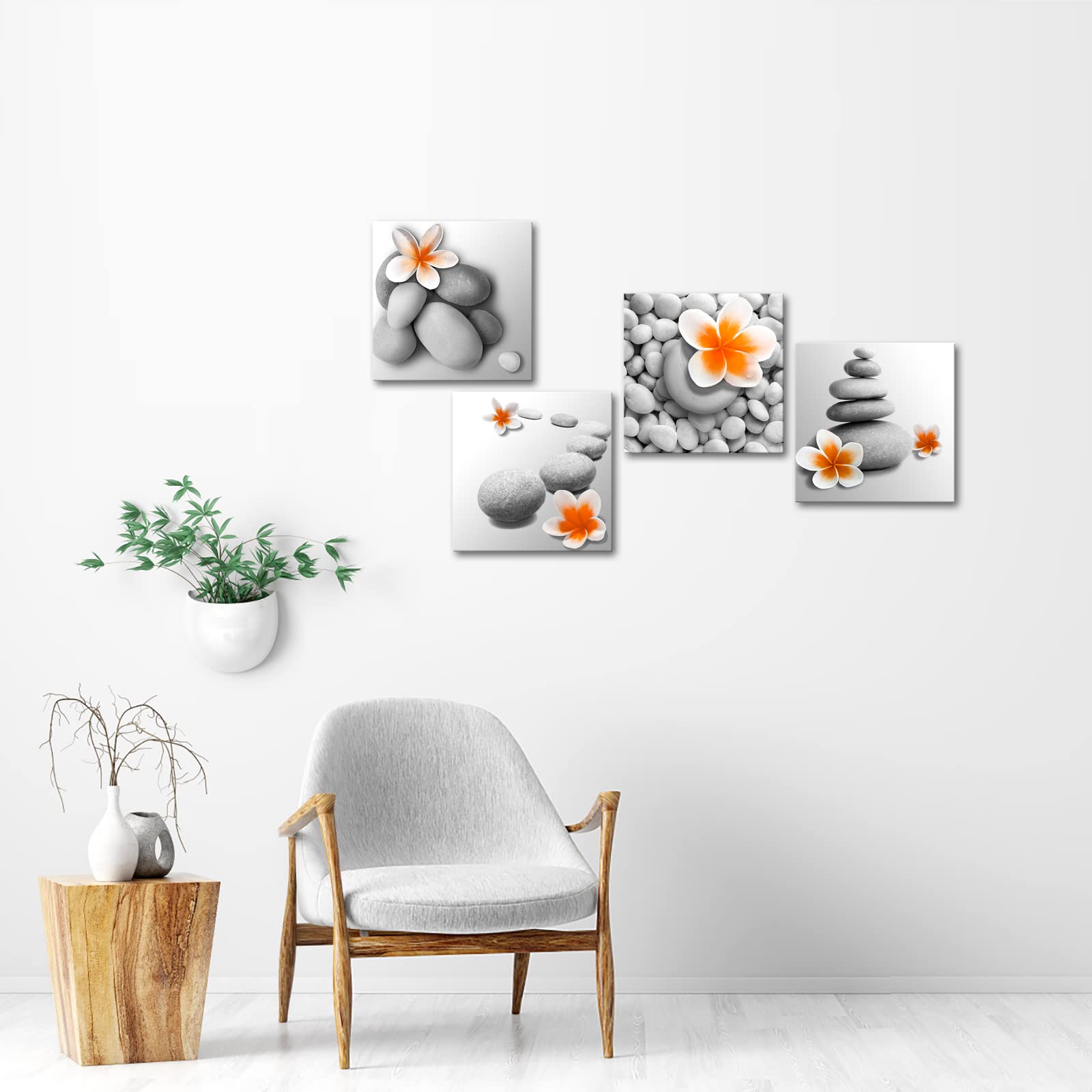 iKNOW FOTO Zen Stone with Orange Flower Wall Art  Framed Canvas Print for Relaxing Bathroom  Bedroom  Spa D?cor  Tranquil Nature-Inspired Design  Ready to Hang (12x12 inches)
