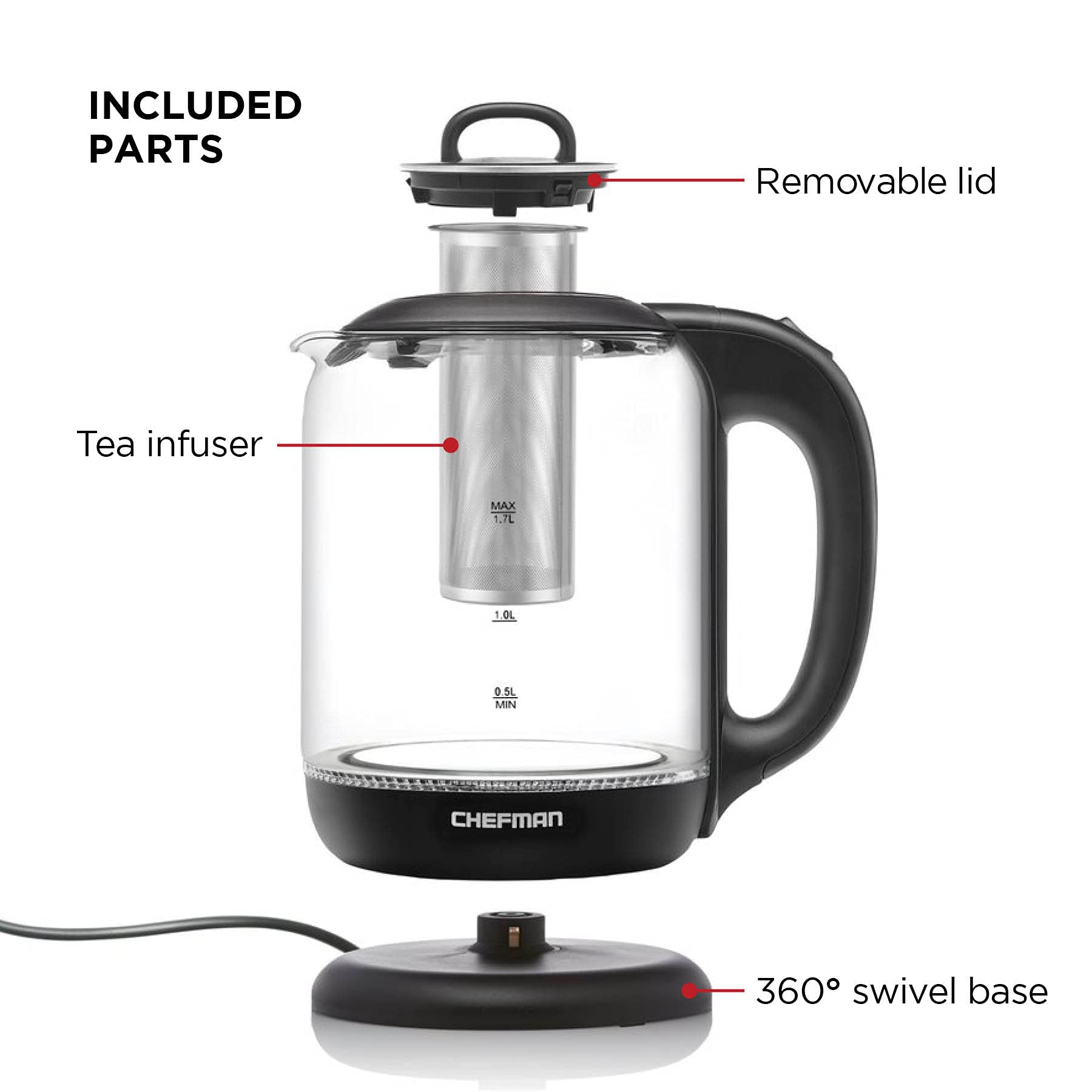 Chefman 1.7 Liter Electric Kettle With Tea Infuser, Cordless With Removable Lid And 360 Swivel Base, Led Indicator Lights, Black