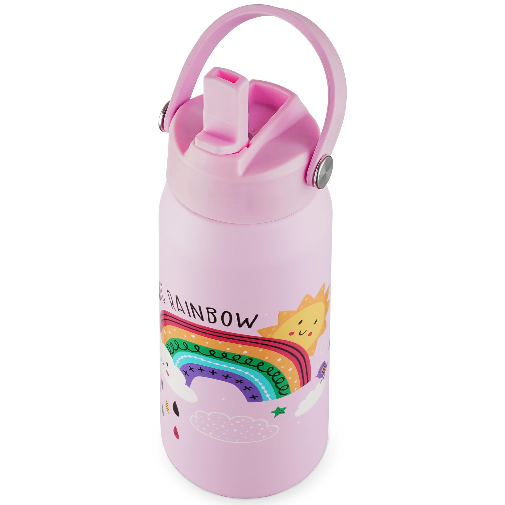 OLDLEY kids Water Bottle - 18oz Insulated Stainless Steel - Wide Straw Lid, Non Spill, Leakproof, Kids Water Bottle for School,R