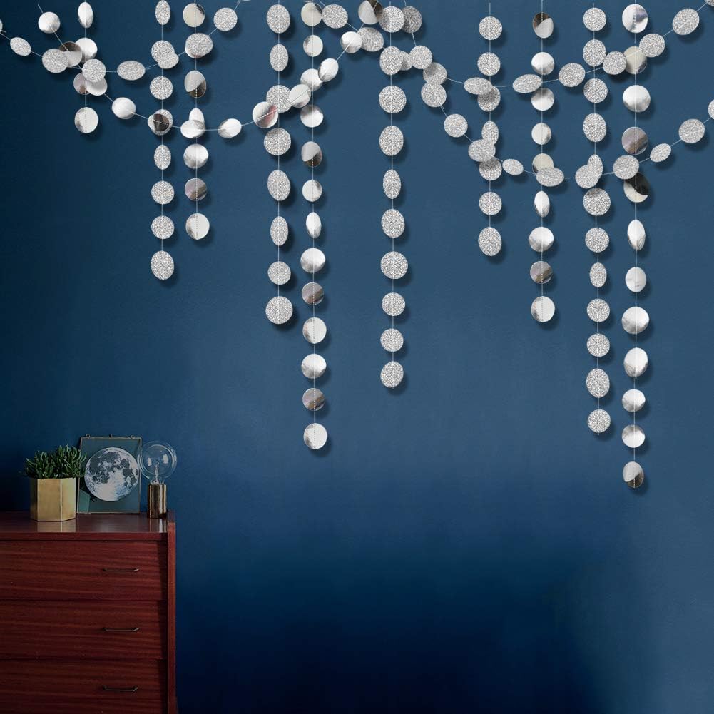 Cheerland Glitter Silver Circle Dot Garlands Party Decorations Hanging Circle Banner Streamer Backdrop Decor Wedding Birthday Bday Engagement Bridal Shower Bachelorette Party Supplies