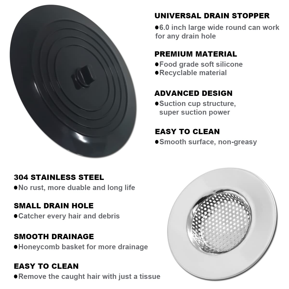 Huntonry 2Pcs Bathtub Strainer Stopper Kit, Shower Drain Hair Catcher With Large Stopper, Bathroom Drain Cover, Hair Filter For