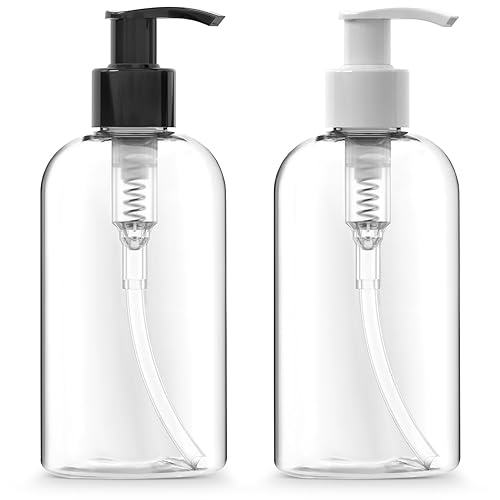 Bar5F Plastic Bottles with Pump Dispenser  8 oz  Leak Proof  Empty  Clear Refillable  BPA Free for Body Wash  Moisturizer  Face Cream  Liquid Soap  Black & White Pumping Caps  Set of 2