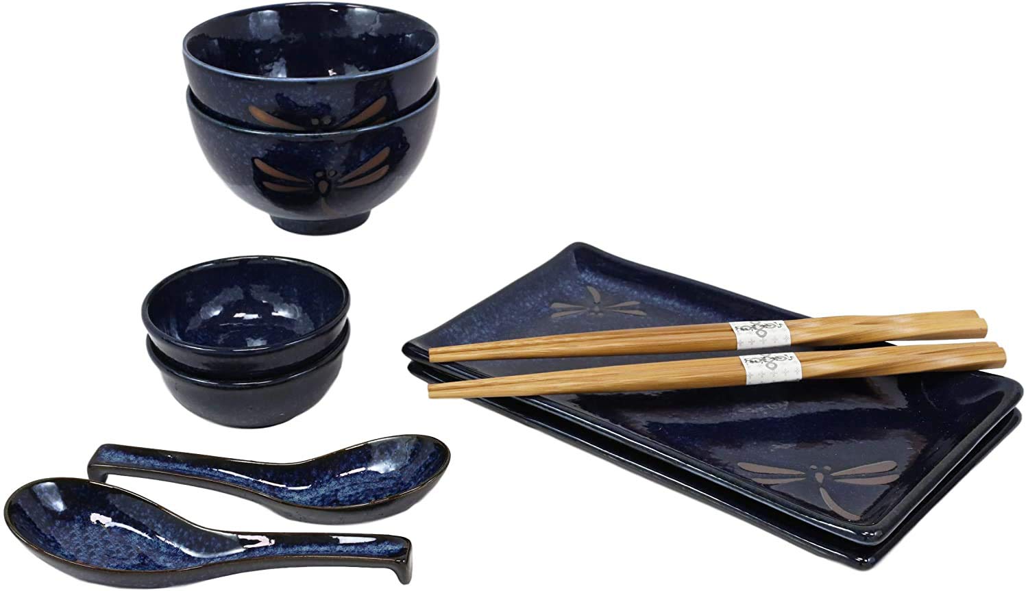 Ebros Gift Japanese Mino Ware Tombo Dragonfly Blue Porcelain Sushi Dinnerware 10Pc Set For 2 People Pairs Of Sushi Plates Soup A