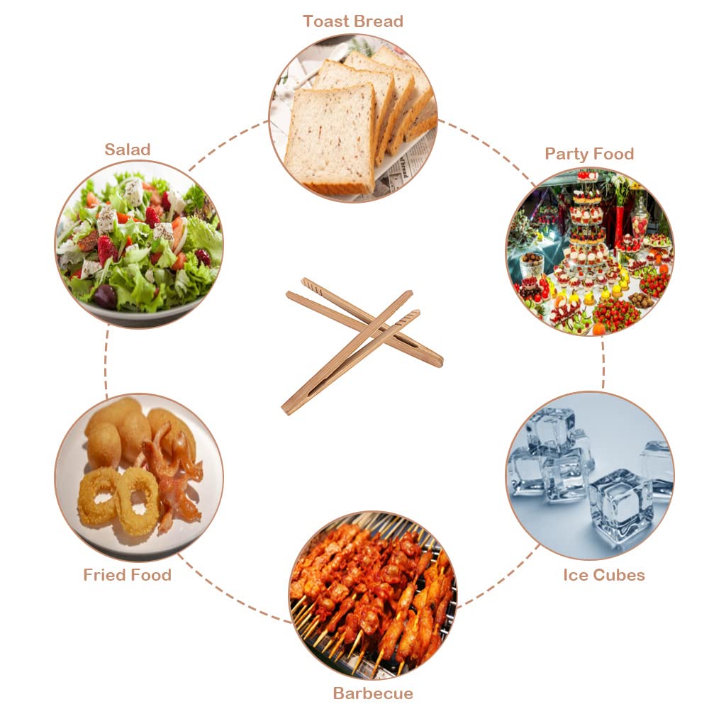 Bamboo Toast Tongs, 7 Inches Mini Wood Cooking Tong With Anti-Slip Design Great For Serving Food/Toaster/Bread & Pickles/Sugar/B