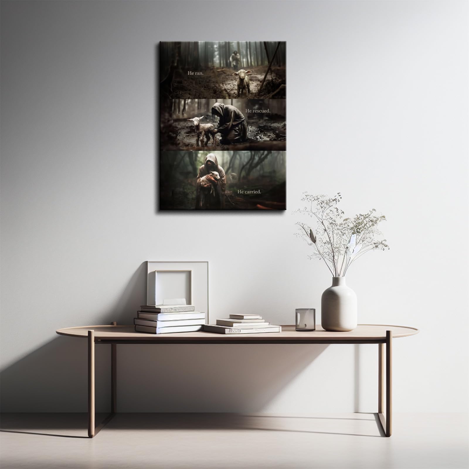 Yonica Christian Wall Art Jesus Chasing Lost Lamb Canvas Print Inspirational Wall Decor 12X18 Inch Home Decor