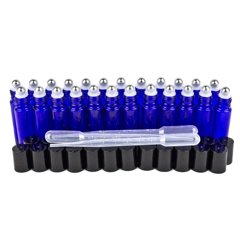 24 Glass Cobalt Blue Essential Oils Roller Bottles Refillable 10 Ml Roll On Perfume/Aromatherapy/Organic Beauty Bottles With Sta