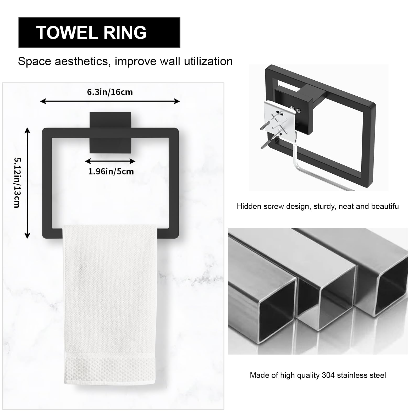 10-Pieces Matte Black Bathroom Accessories Set, 23.6 Inch Bath Towel Bar Set, Sus 304 Stainless Steel Bathroom Hardware Set, Tow