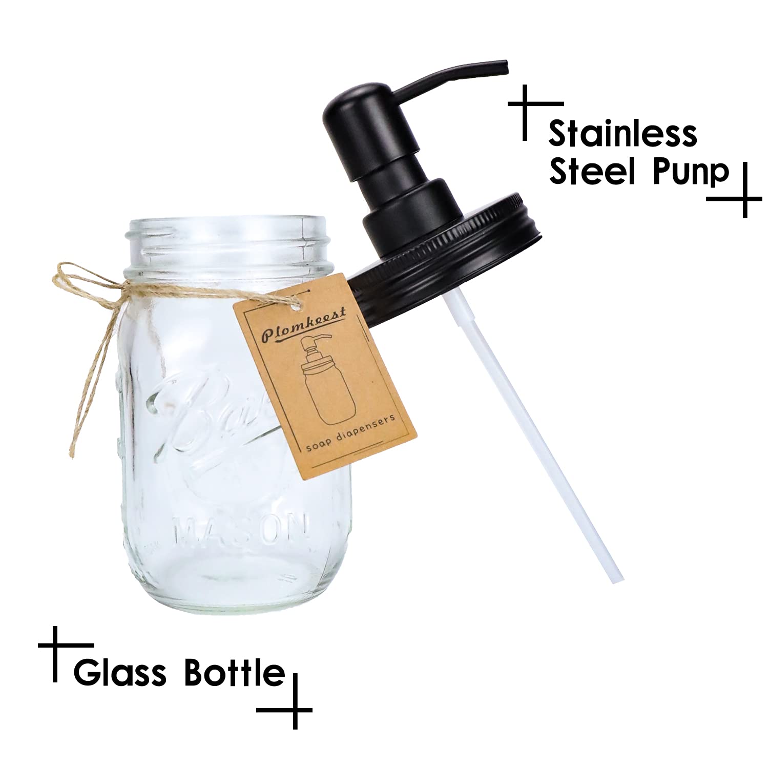 Plomkeest 16Oz Mason Jar Soap Dispenser Clear Glass Jar Soap Dispenser With Rust Proof Stainless Steel Pump Liquid Soap Dispense