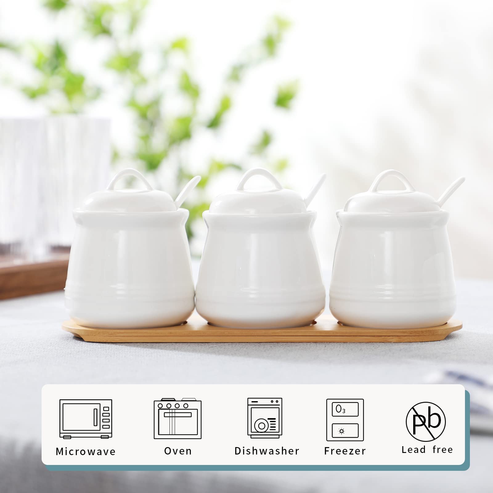 Haotop Porcelain Condiment Jar 3 Pack Set With Tray, 12 Ounces White