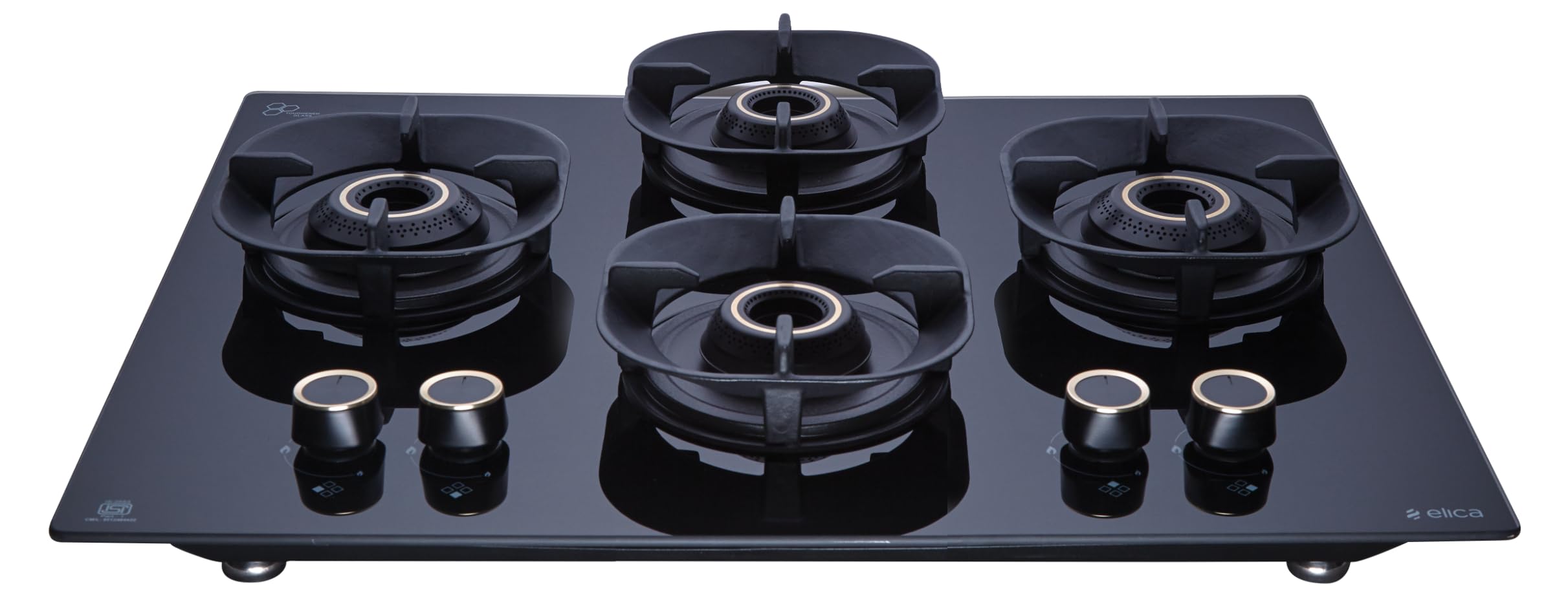Elica 60Cm 4 Burner Auto Ignition Hob | Crown Flexi 460 Lotus Ind Hd Brass | Sabaf Triple Ring Brass Burners | 8Mm Toughened Gla
