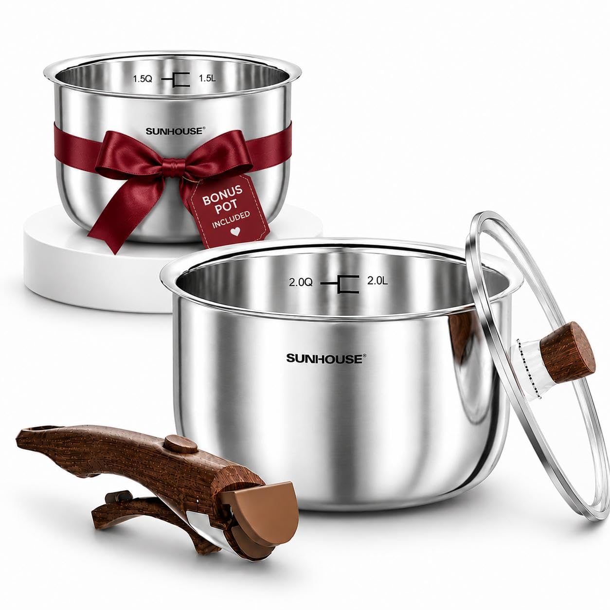 SUNHOUSE 3QT Stainless Steel Saucepan with Detachable Handle, 2QT Pot Bonus