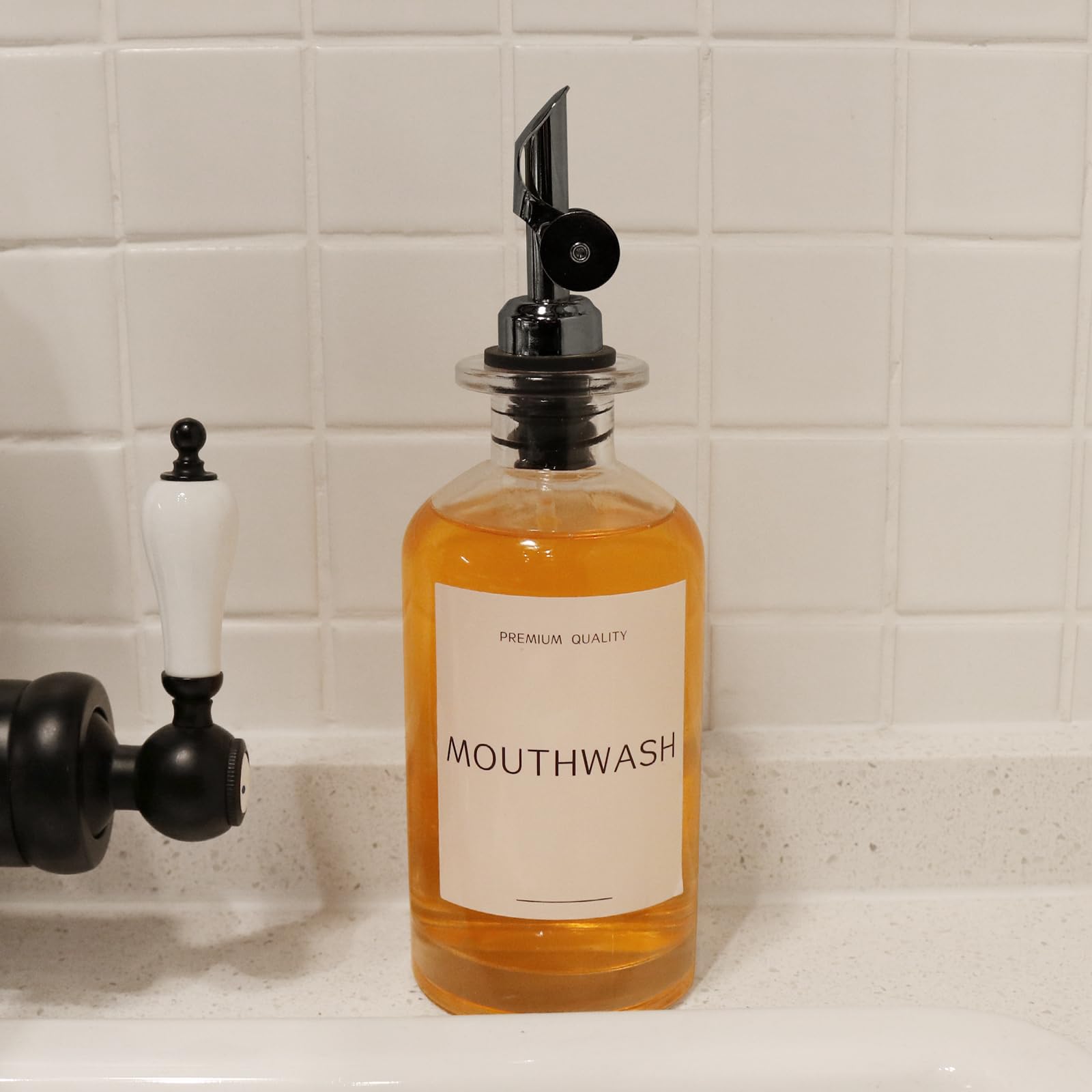 Mouthwash Dispenser For Bathroom, Clear Glass Mouth Wash Container With Stainless Steel Pour Spout, Refillable Mouthwash Bottle