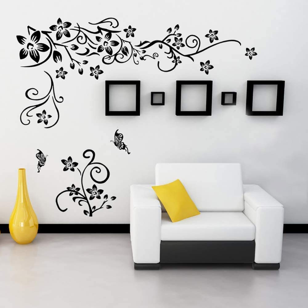 Supzone Flowers Vine Wall Decals Black Flowers Wall Stickers Butterfly Wall Decor Removable Vinyl Diy Home Wall Art Stickers For