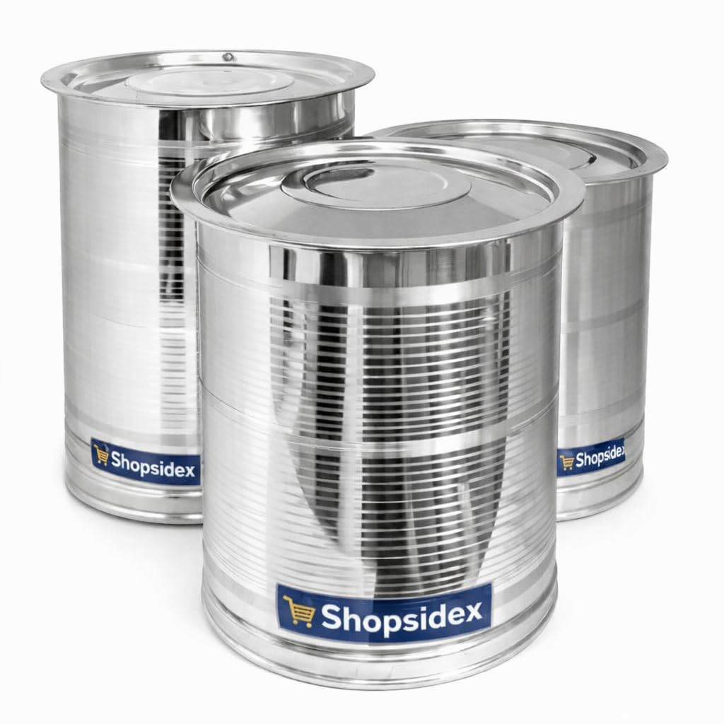 Shopsidex Stainless Steel Storage Heavy Kothi/Drum/Pawali Set Of 3 Piece With Lid/For Atta Rice Food/Cookies/Storagegrains/Aata/