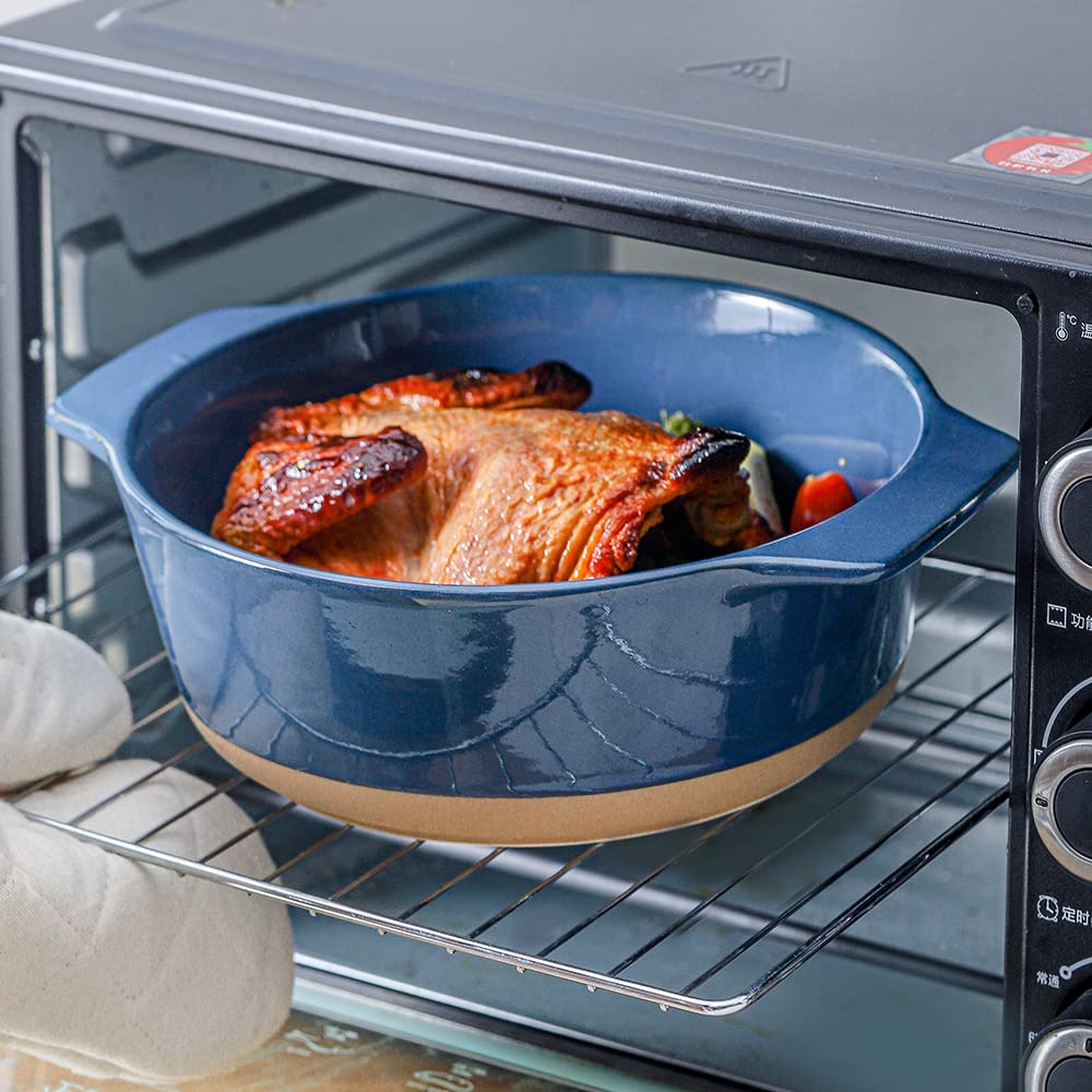 HVH Ceramic Casserole Dish Set, 2 Quart, Oven Safe, 9" Round Baking Dish with Lid, Deep Farmhouse Style, Blue