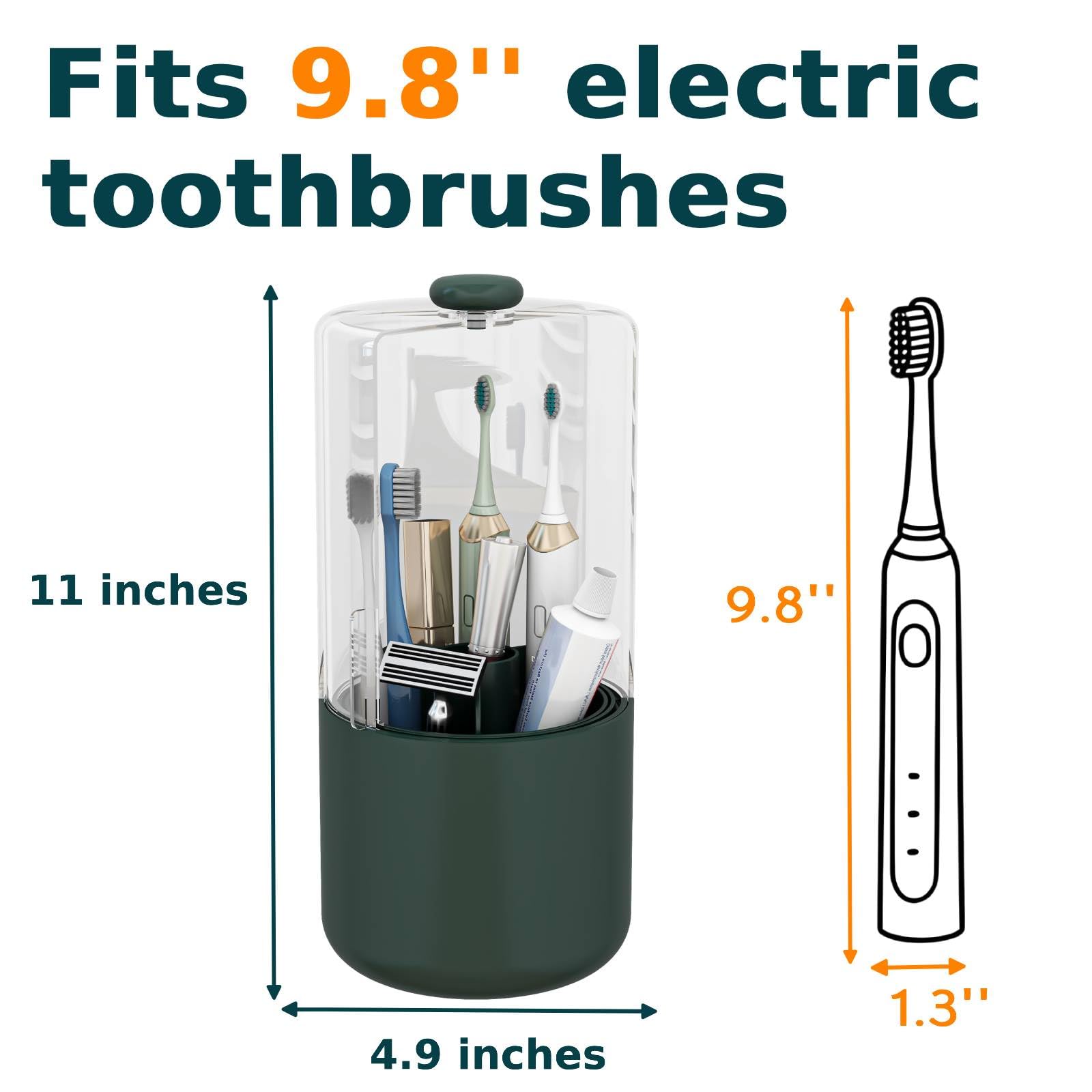 YOOLENS Toothbrush Holder with Cover 360 Rotating 4 Compartments Bathroom Toothpaste Electric Toothbrush Organizer, Dark Green