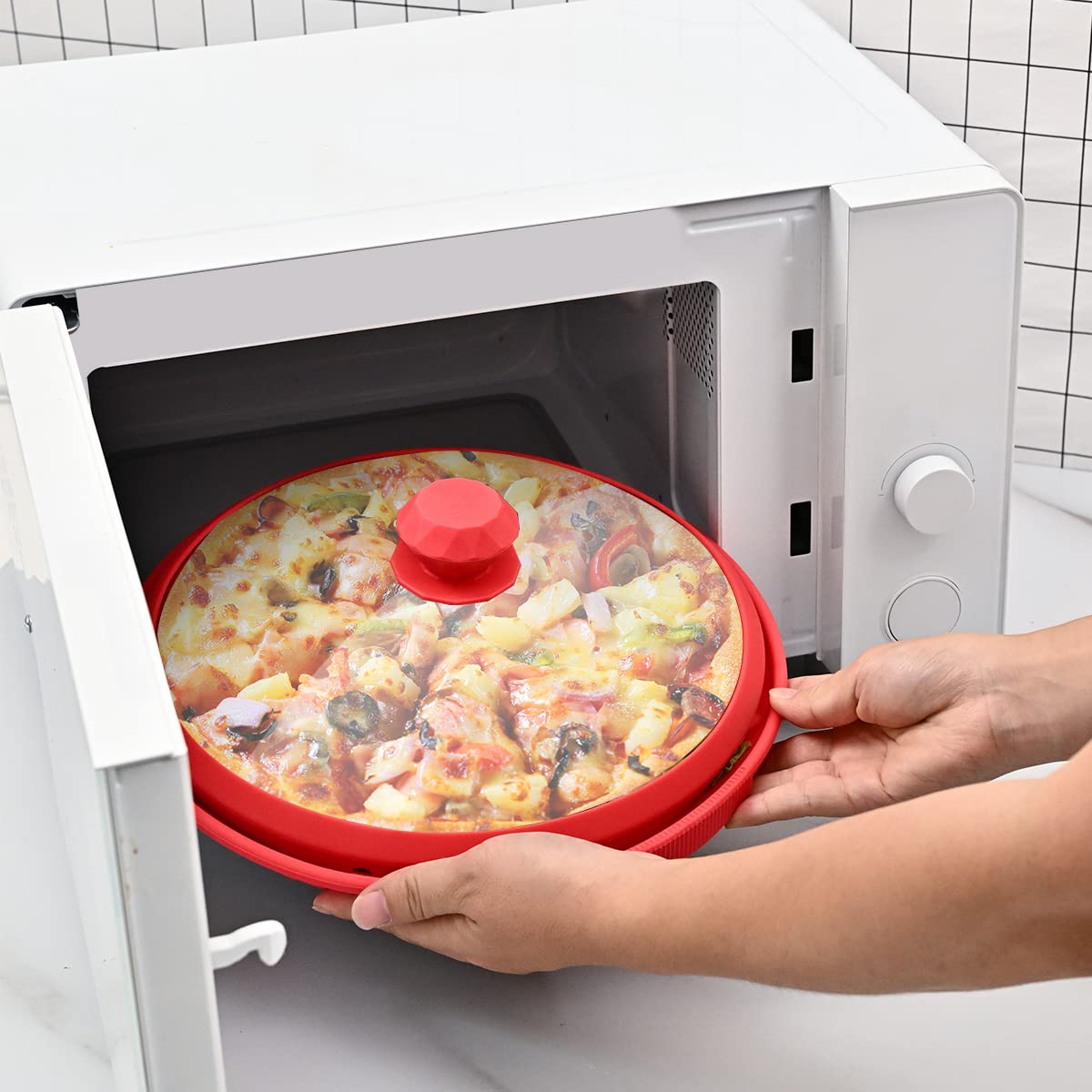 Microwave Glass Cover Splatter Guard Lid With Anti-Scald Silicone Handles And Vented Edge For Food Pot Plate Cover 10.5 Inch Red