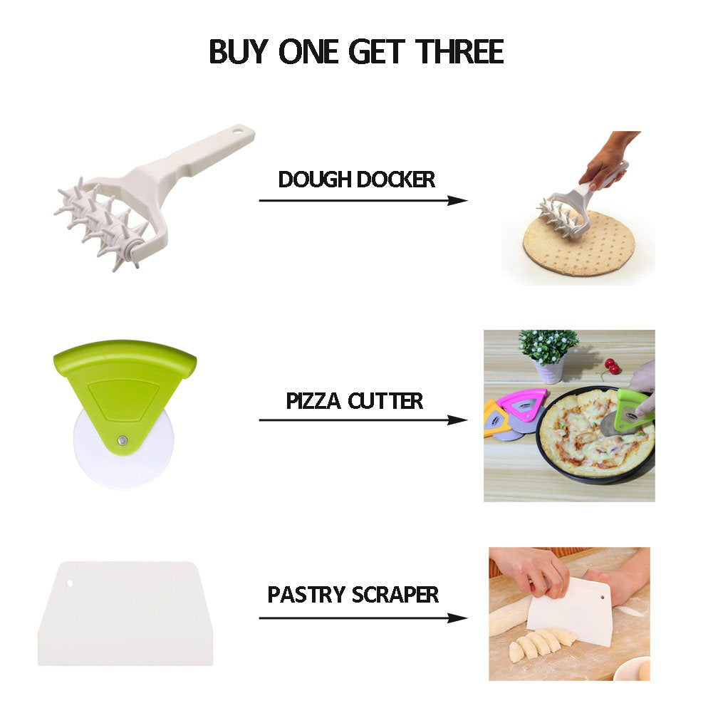 Meta-U Time-Saver Pizza Dough Roller Docker - Dough Blistering Killer - Buy One Get Three (Pizza Cutter And Pastry Scraper) - Gi
