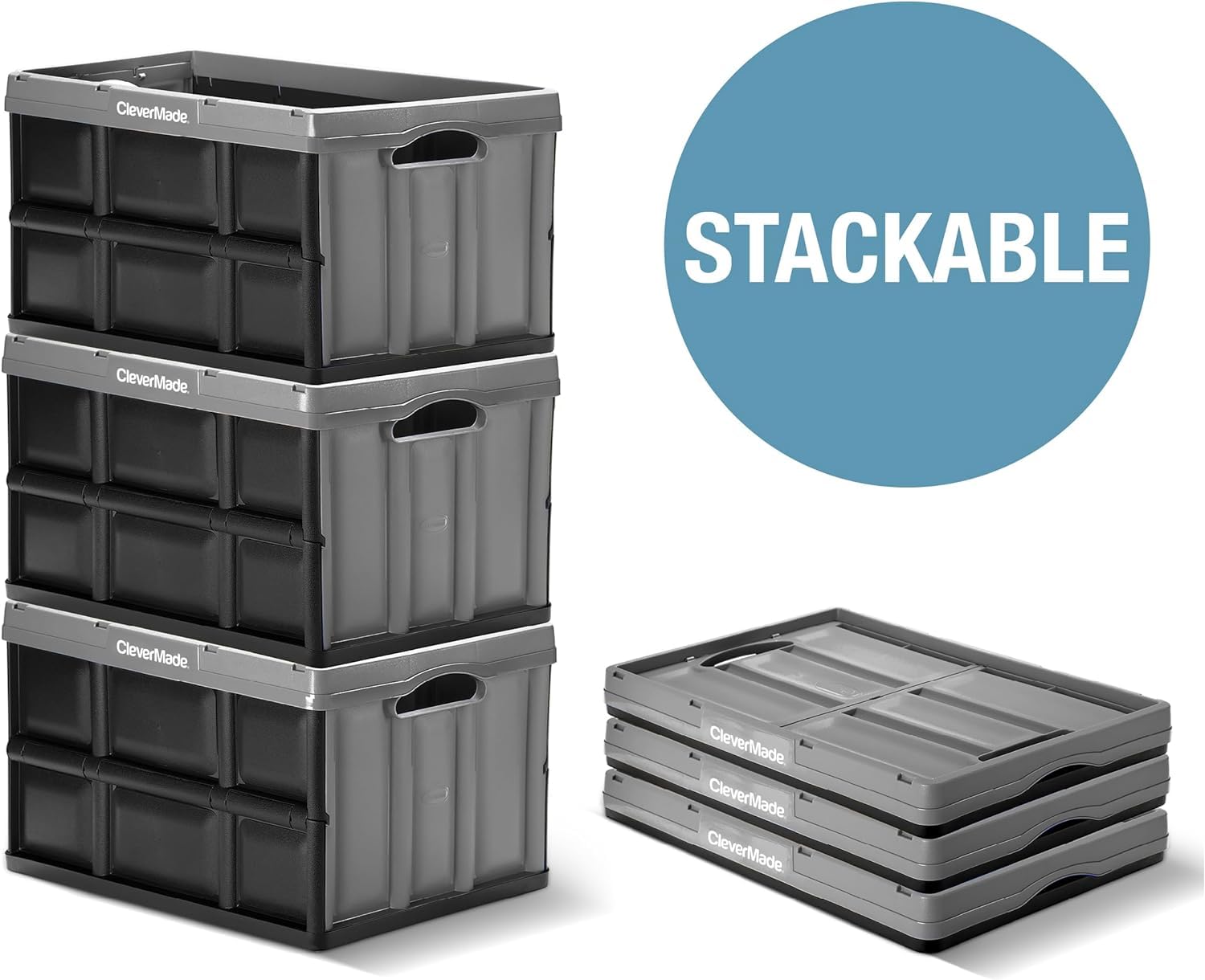 Clevermade Collapsible Storage Bin, 3Pk - 46L (12 Gal) Stackable Storage Containers, Holds 66Lbs Per Bin - Plastic Storage Bins