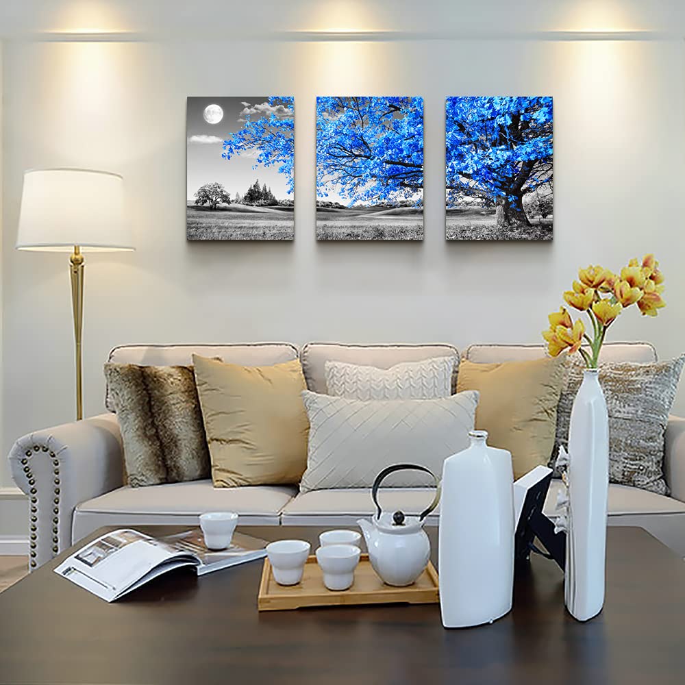 Wall Art For Living Room Black And White Blue Tree Moon Canvas Wall Decor For Home Artwork Painting 12'' X 16'' 3 Pieces Canvas