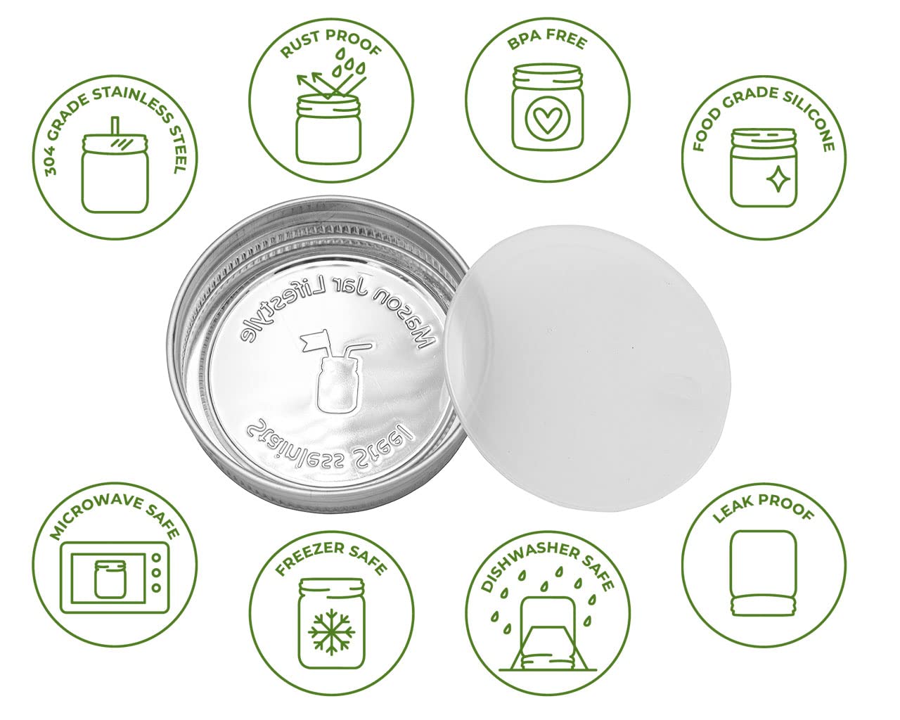 Mason Jar Lifestyle Rust Proof Stainless Steel Storage Lids With Platinum Silicone Liners (5 Pack, Wide Mouth)