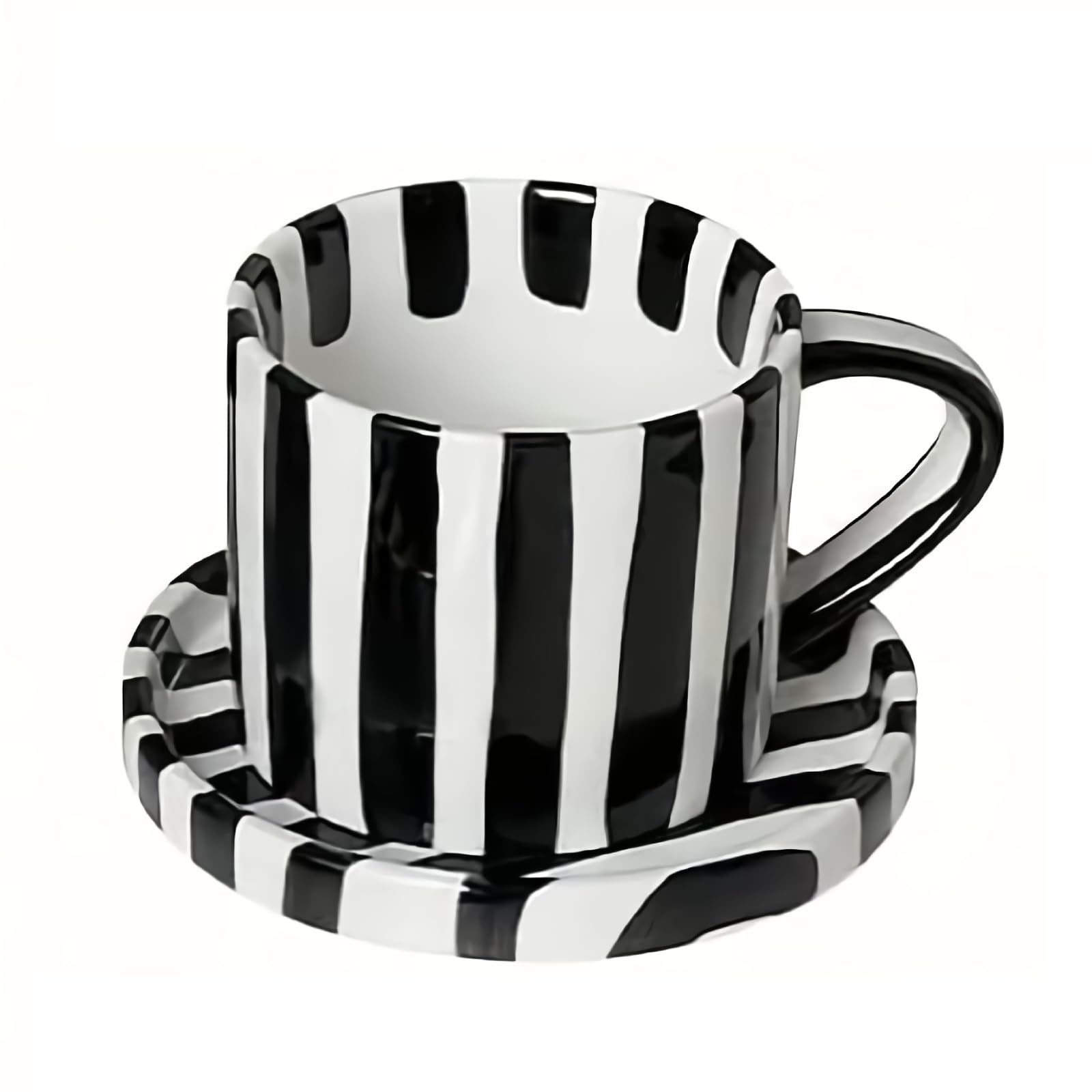 Mualuwi Black and White Striped Tea Cup and Saucer Set of 2, 8 oz Ceramic Coffee Mugs for Cappuccino, Espresso, Matcha Latte, Sm