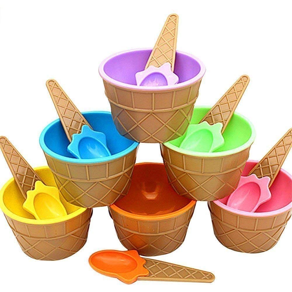 Savpesh Ice Cream Spoon & Bowl Set, 6 Pcs Set Of Ice Cream Bowl & Spoon (Multi Color)