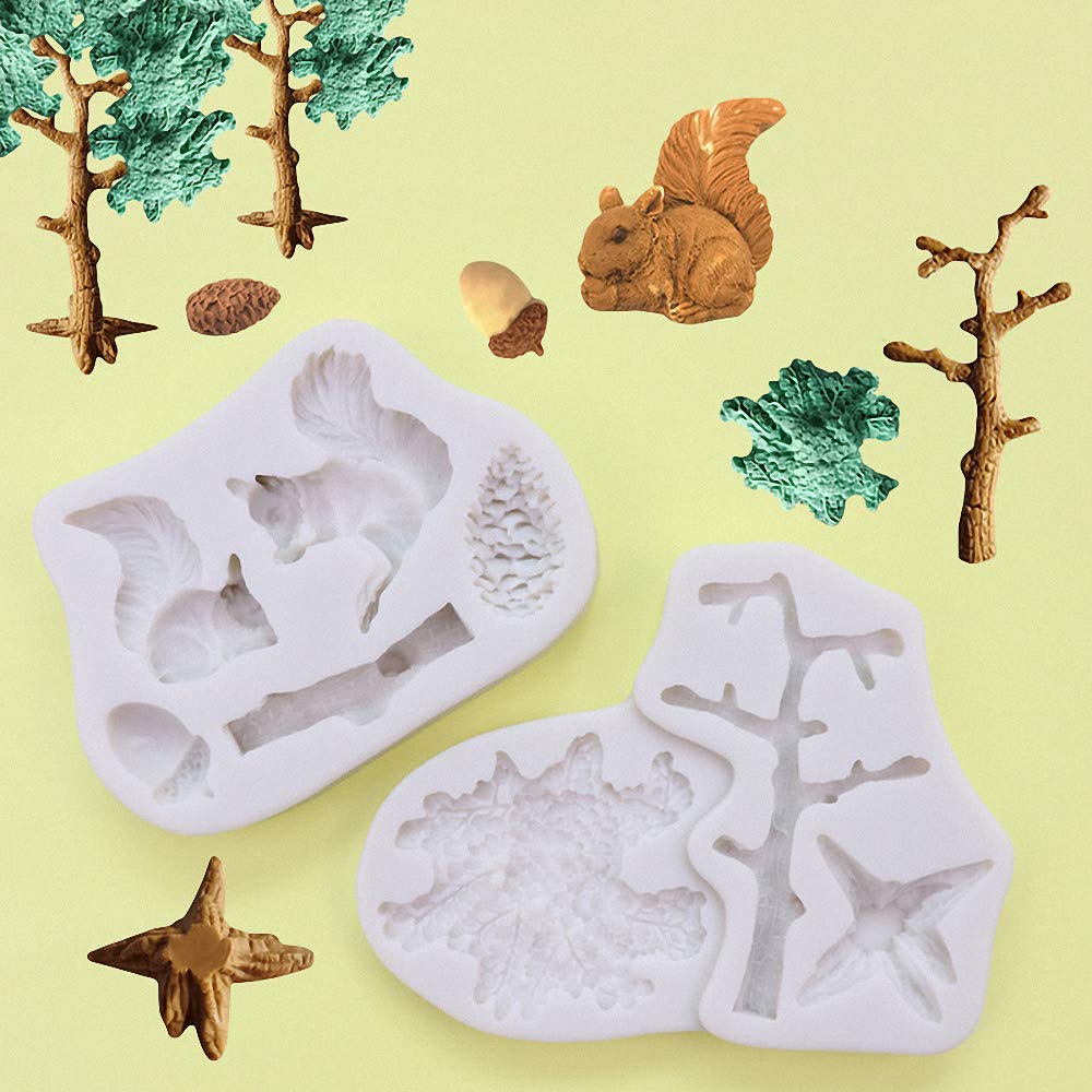 3Pcs/Set Forest Animal Silicone Fondant Molds Squirrel Chocolate Candy Mould Lumberjack Woodland Stump Pine Cones Wooden Tree Tr