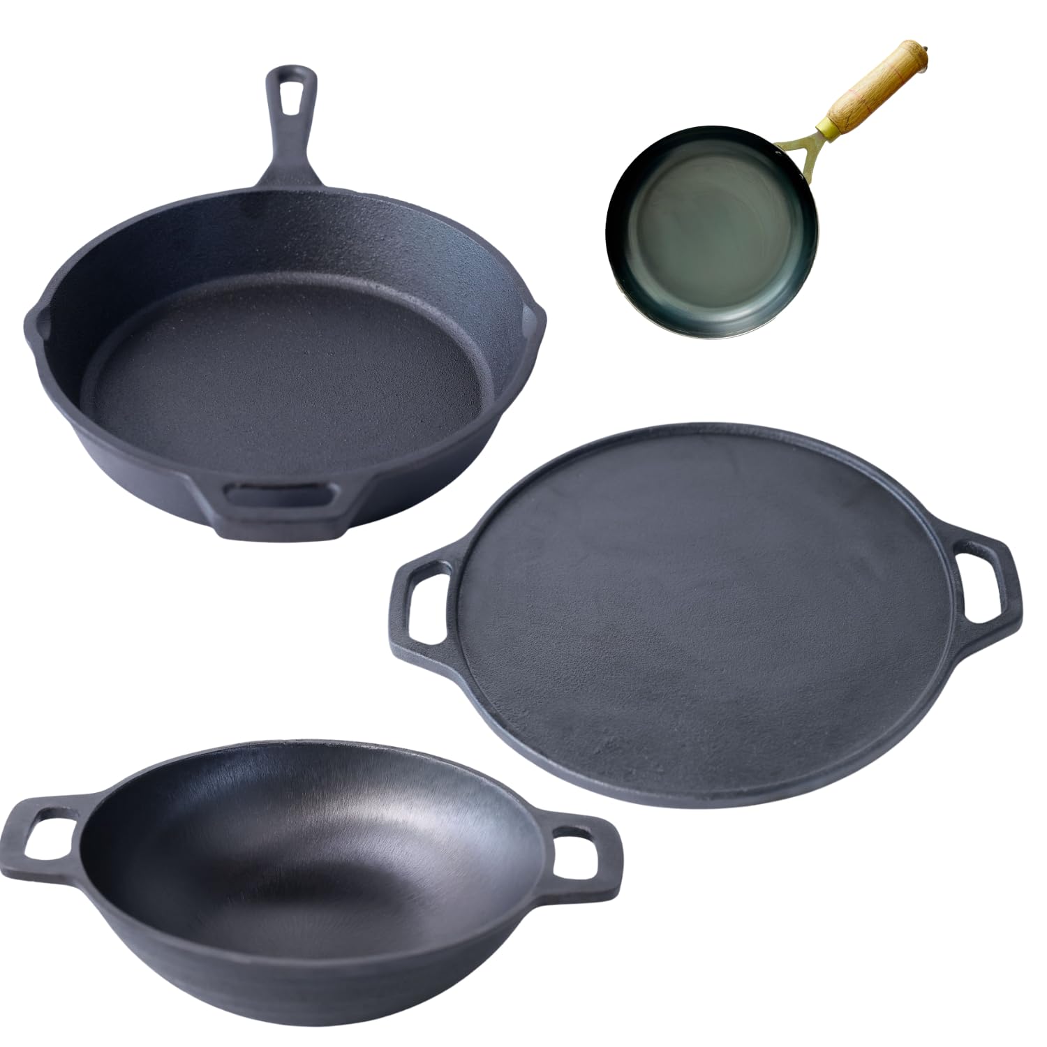 Kichera Cast Iron Cookware Combo 4 Pc Set | Pre-Seasoned & Naturally Non-Stick Dosa Tawa (12), Kadai (2.3L), Fry Pan (1.4L) + Fr