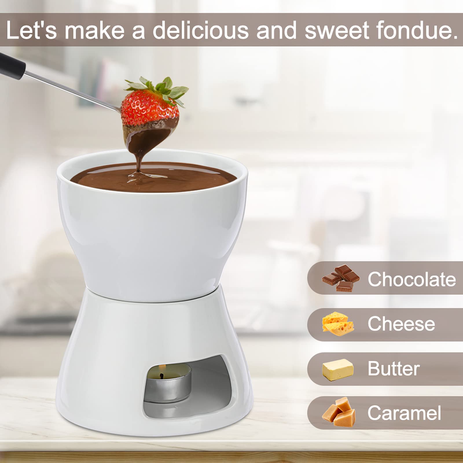 Bstkey 400Ml Ceramic Butter Warmer Set With 4 Forks, Fondue Pot Melting Pot Set, Melt Hot Pot Bowl Set For Cheese Chocolate Butt