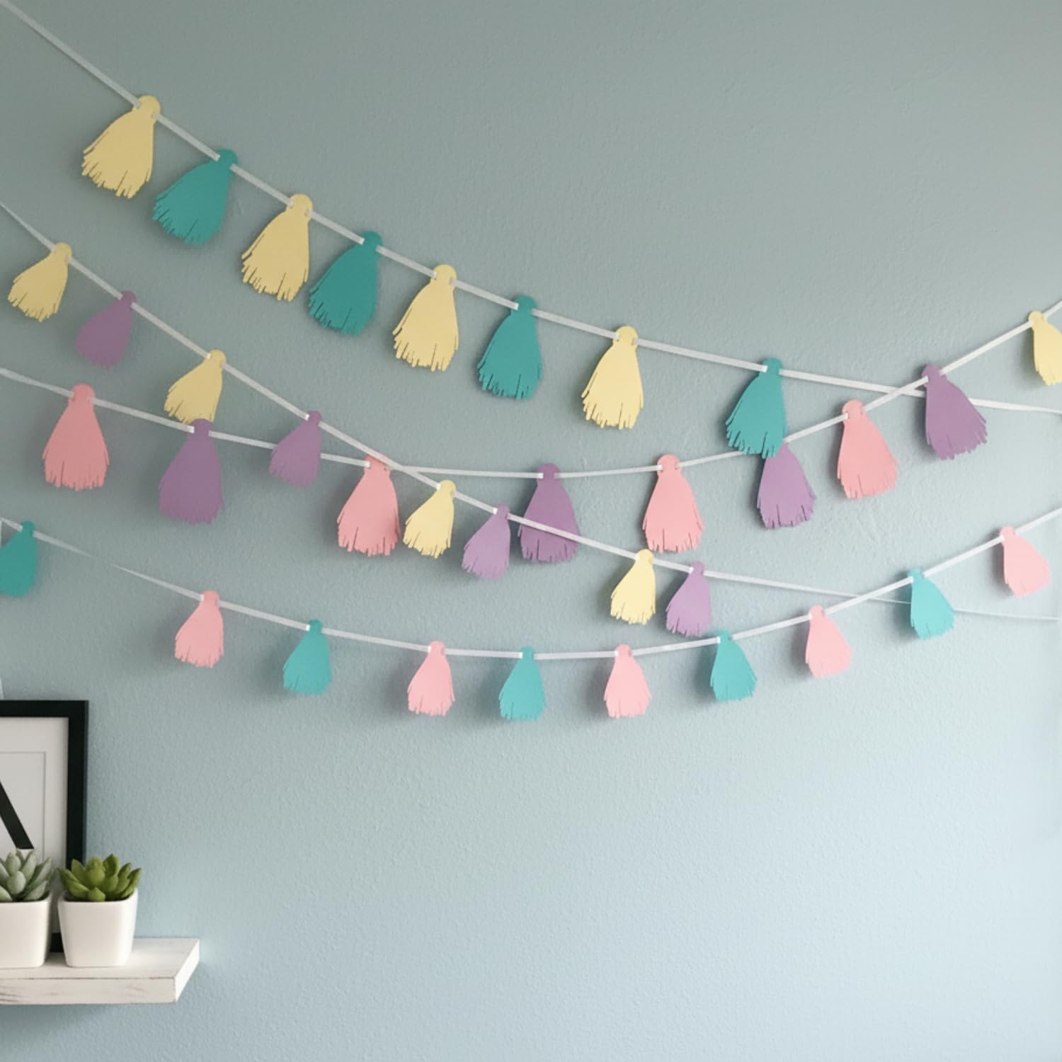Pinfliers Pastel Theme party decoration paper Tassel Bunting, 32 pieces, Pink, purple, yellow and aqua, 75 inch in length