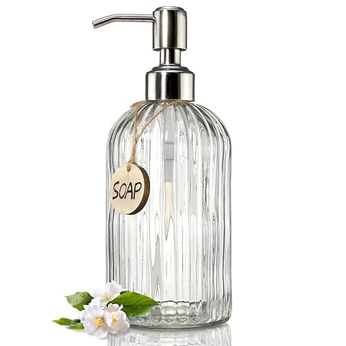 JASAI 18 Oz Clear Glass Soap Dispenser with Rust Proof Stainless Steel Pump  Refillable Liquid Hand Soap Dispenser for Bathroom  Premium Kitchen Soap Dispenser (Clear).