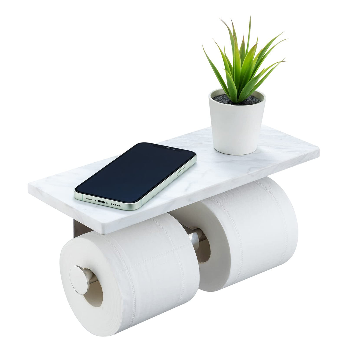 Toilet Paper Holder With Natural Marble Shelf For Bathroom Washroom,Wall Mounted Tissue Holder Suitable For Mega Roll (Brushed N