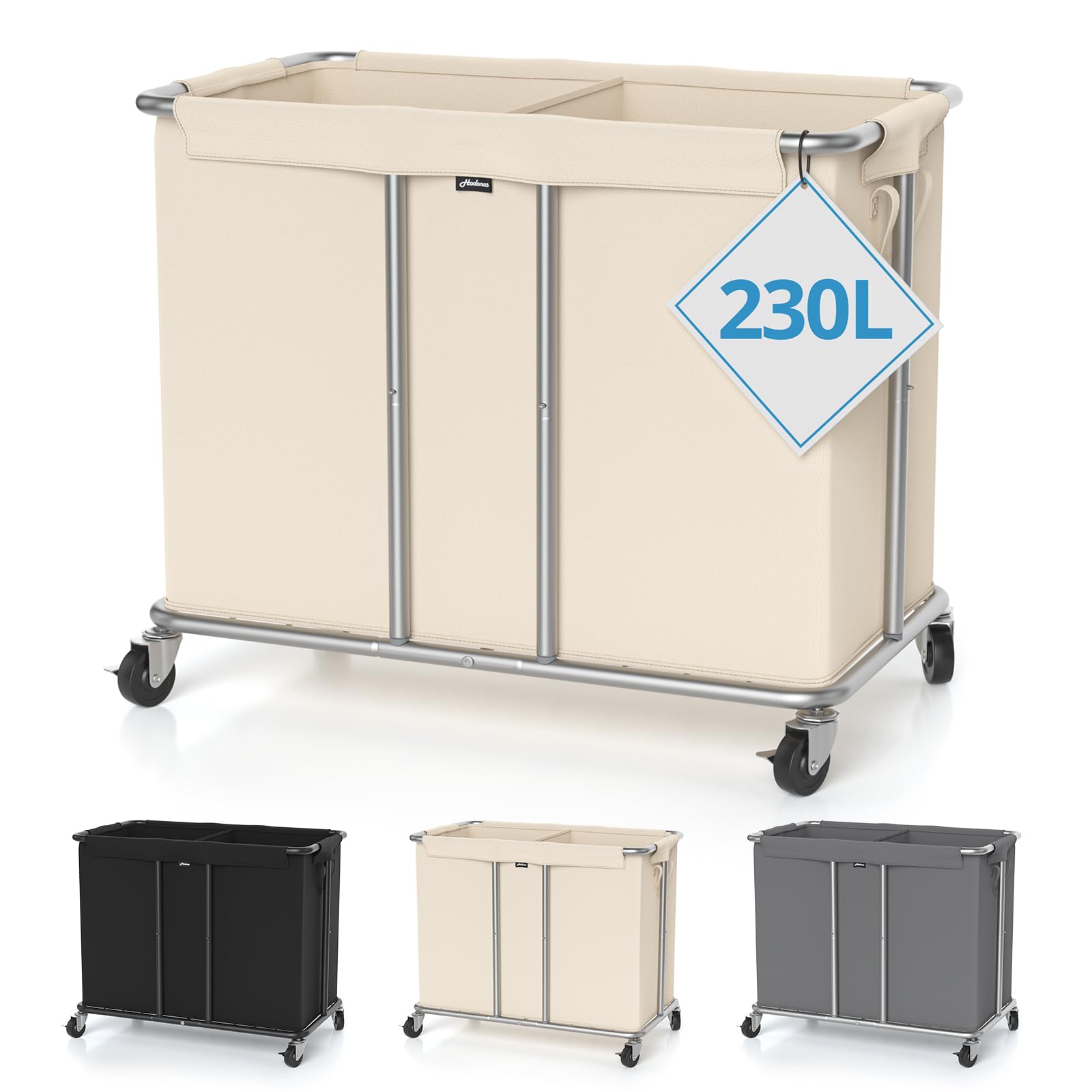 Hodonas 230L Rolling Laundry Hamper, 2-Section Laundry Basket with Wheels, 61 Gallons Laundry Sorter with Metal Structure and Re
