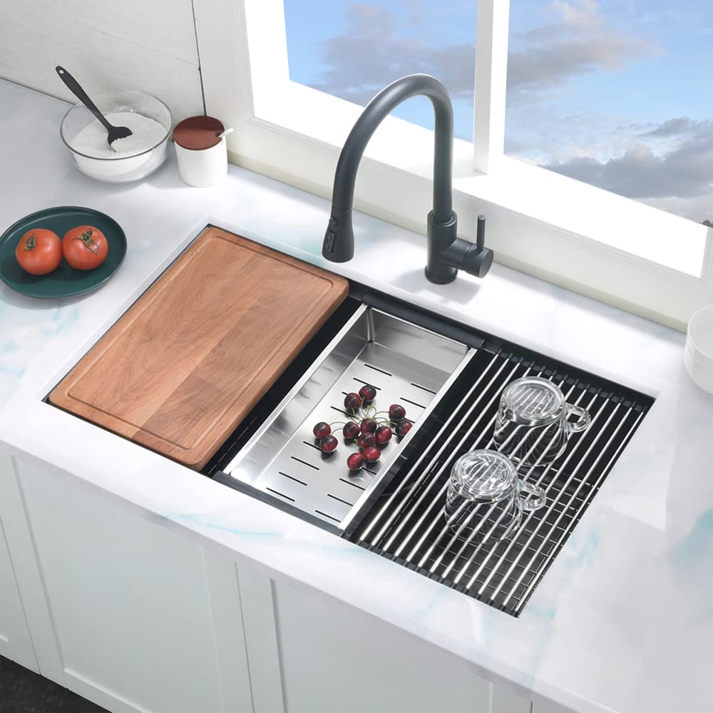 Boomhoze 32 Inch Black Undermount Kitchen Sink, 32X19 Undermount Workstation Kitchen Sink Single Bowl Black 16 Gauge Stainless S