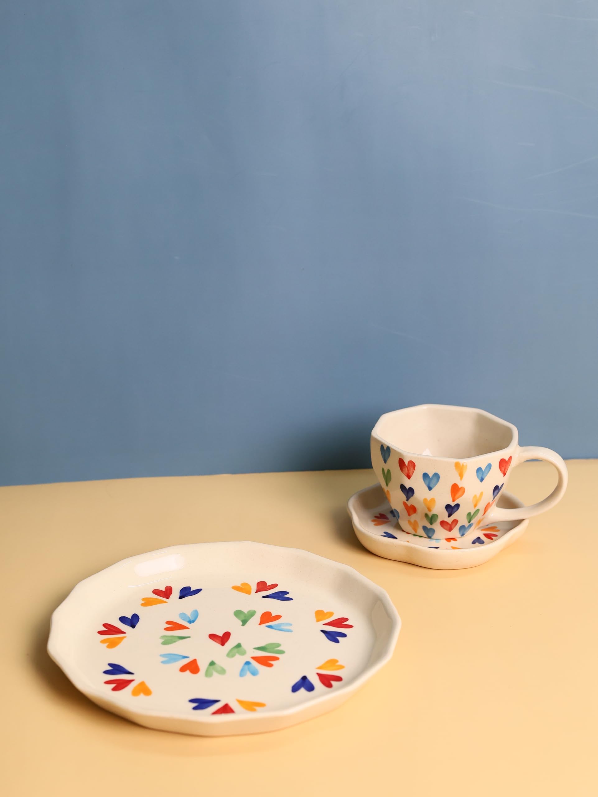 Weaving Homes Handcrafted Ceramic #Loveislove Coffee Mug, Snack & Dessert Plates - Set Of Three, Ceramic Mug & Plate, Serveware,