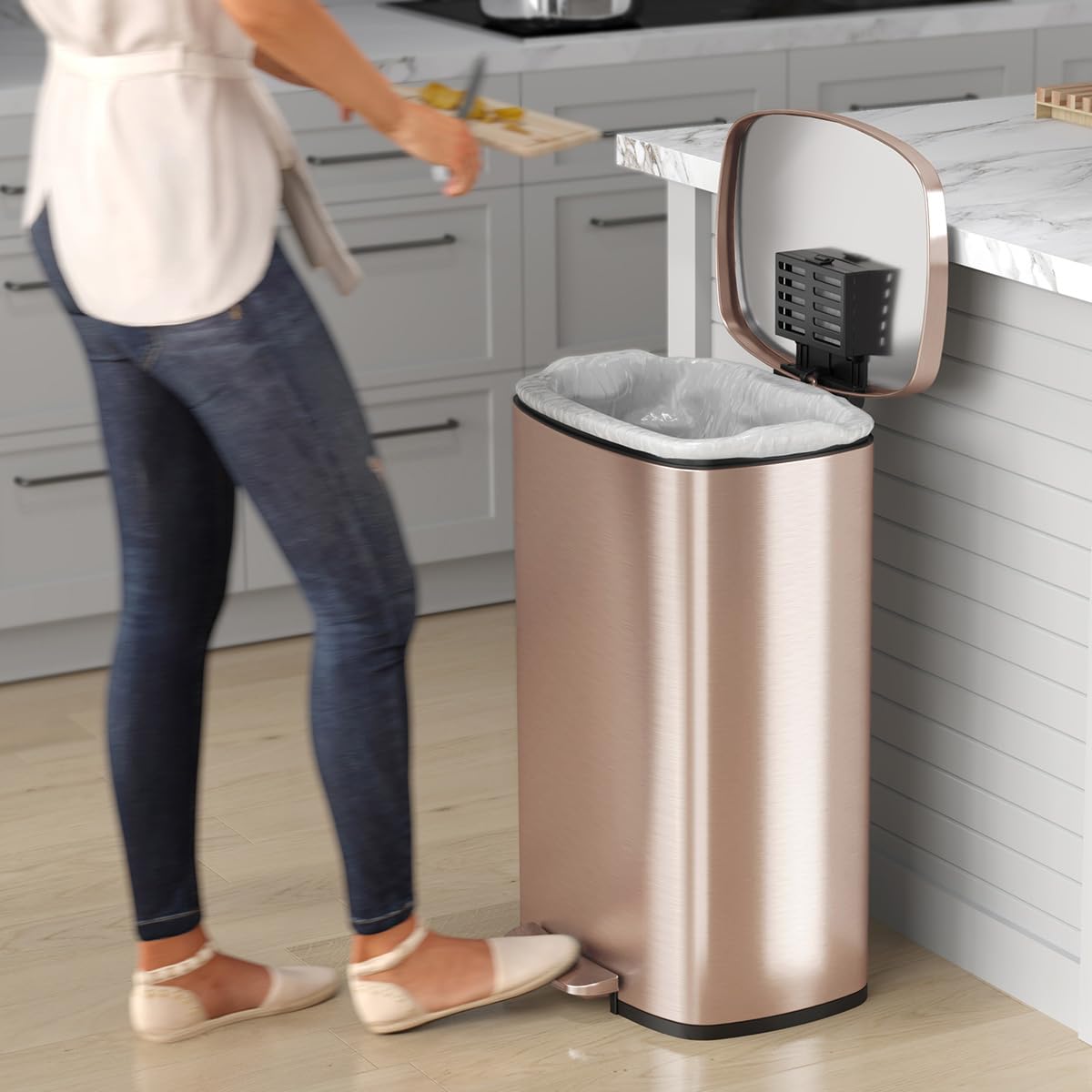 Itouchless Softstep 13.2 Gallon Step Kitchen Trash Can With Lid And Odor Filter, Rose Gold Stainless Steel 50 Liter Trashcan For