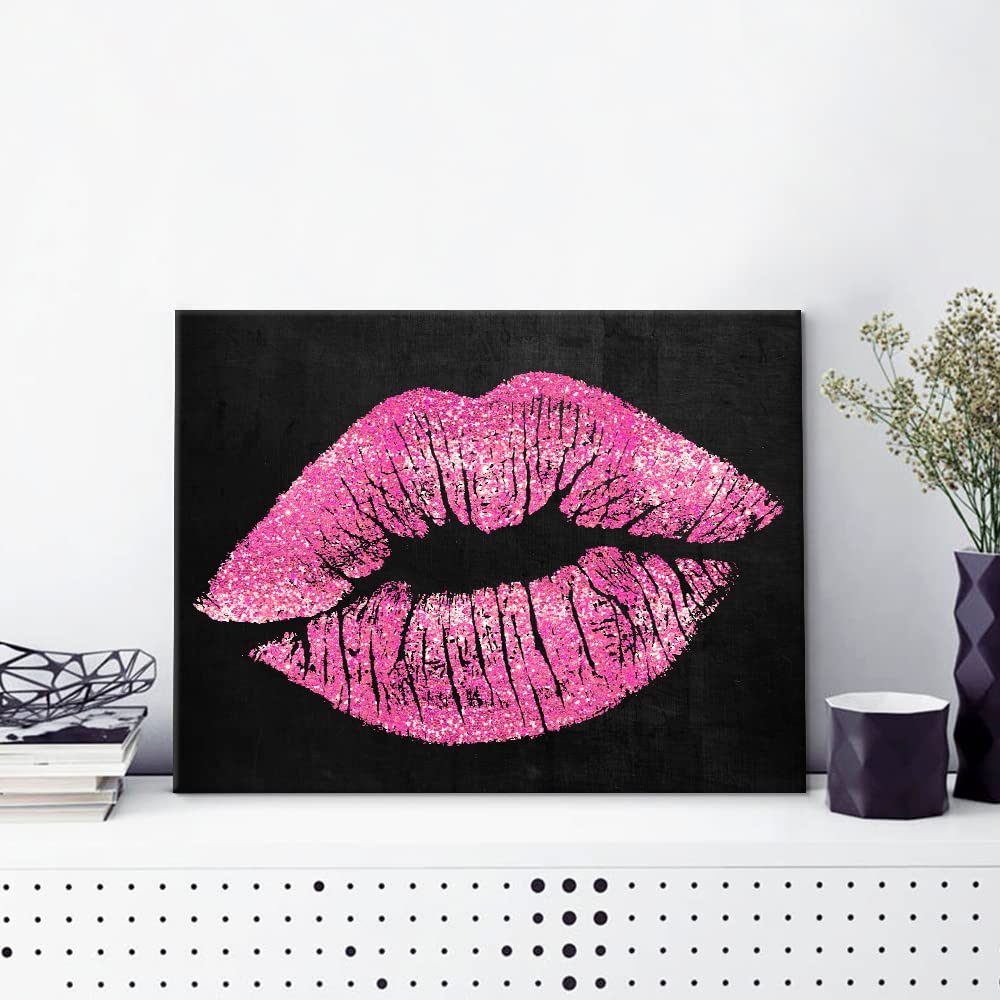 7Canvas Black And Pink Lips Canvas Wall Art Fashion And Glam Poster Sexy Lip Picture Gallery Wrap For Bathroom Bedroom Makeup Ro