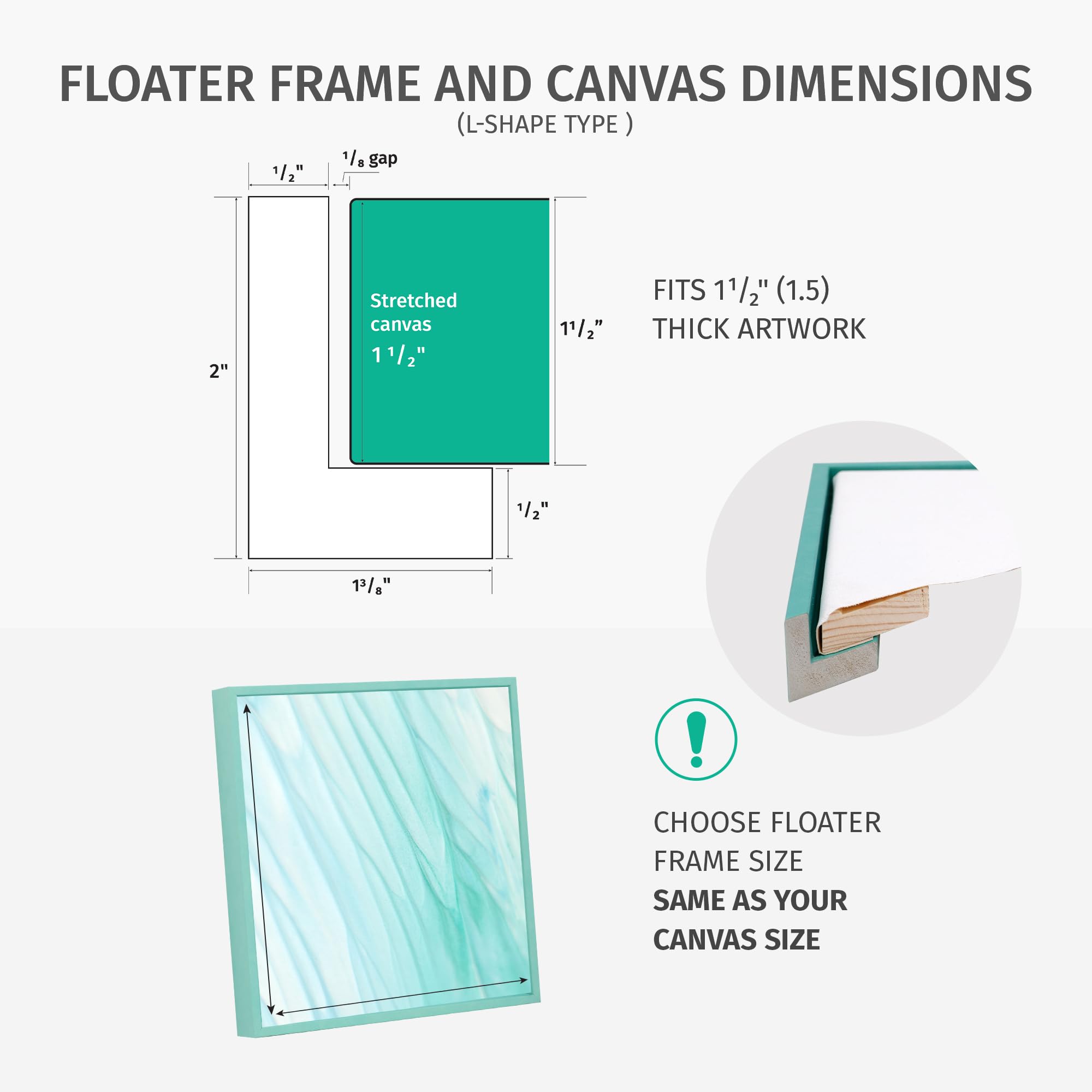 Pixy Canvas 14X14 Floater Frame For 15 Deep Canvas Paintings, Wood Panels & Stretched Canvas Boards 4 Colors Available (White, 1
