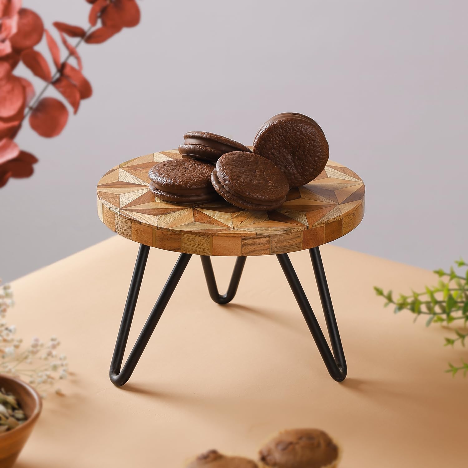 Casadecor Geometrical Abstract Wood & Metal Pizza Cake Stand | 8-Inch Round Serving Stand For Cakes, Pizza, Desserts & Table Dco
