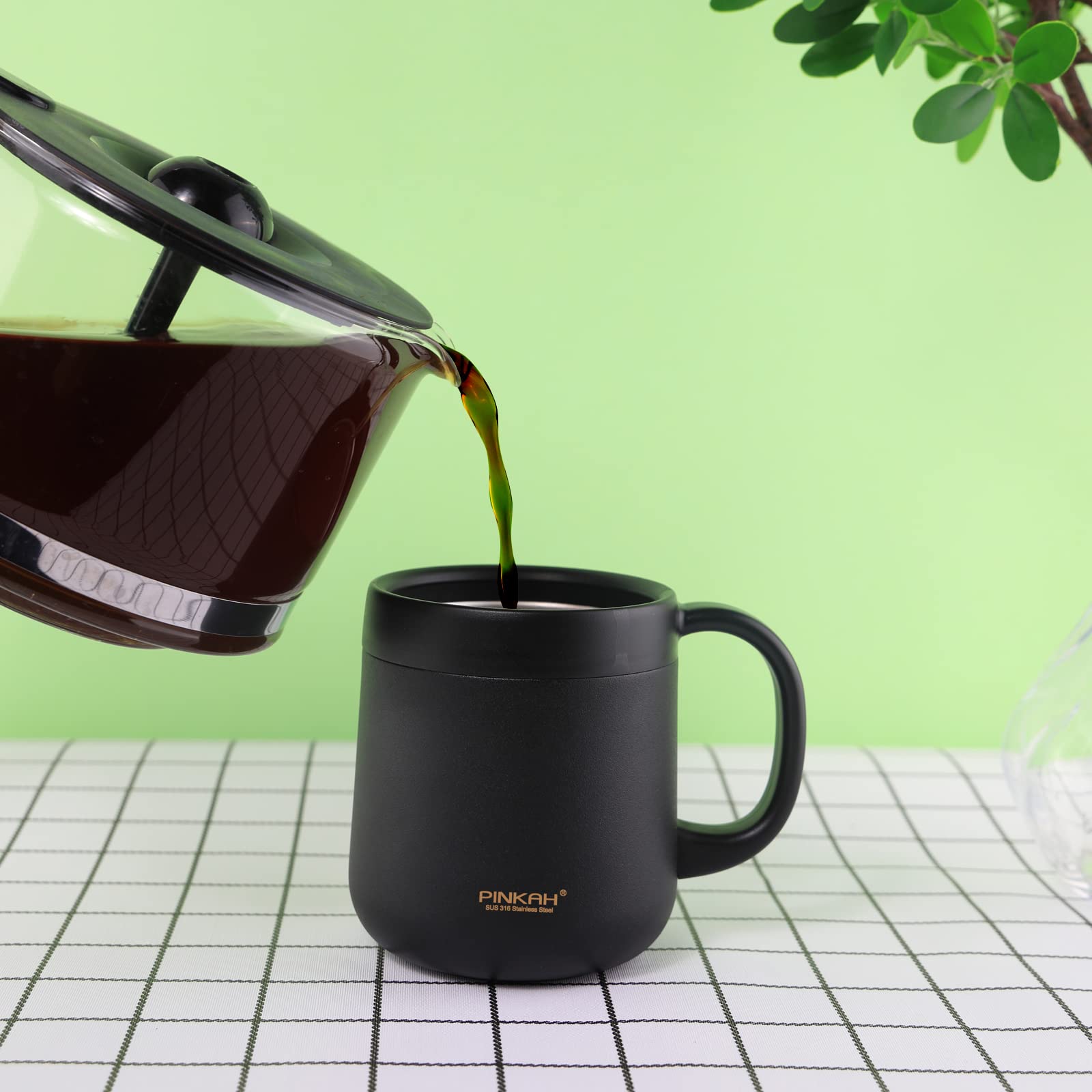 Pinkah 16Oz Stainless Steel Insulated Coffee Mug With Handle, Double Wall Vacuum Tumbler Cup With 2 Lids, Thermal Coffee Cup