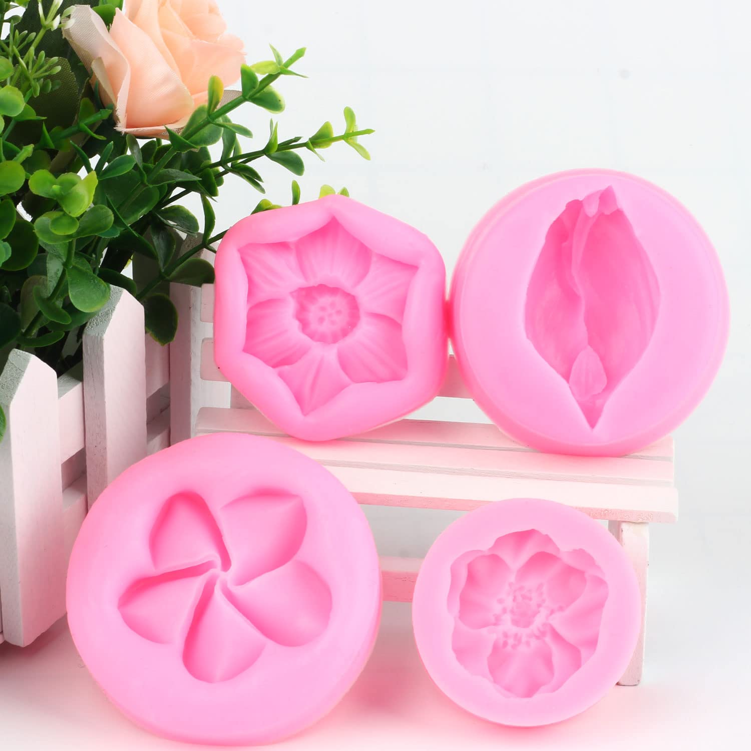 Mujiang Plumeria Flower Silicone Mold Tulip Cherry Flowers Fondant Molds For Cake Decorating Chocolate Candy Clay Set Of 4