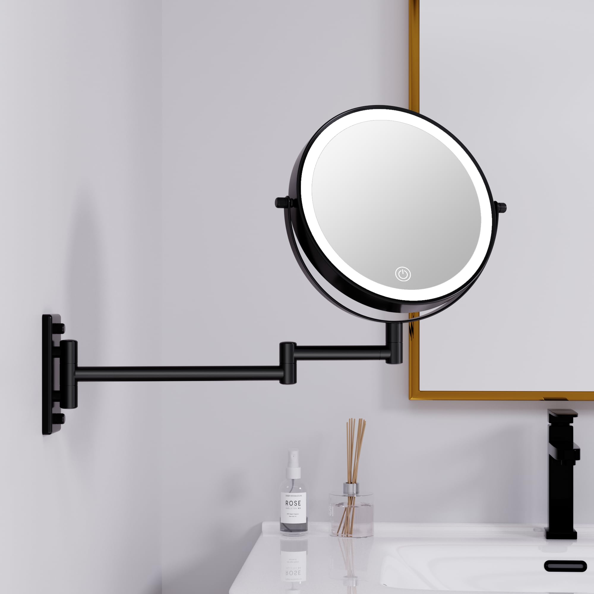 LANSI Rechargeable Wall Mounted Lighted Makeup Mirror  Mounted Makeup Magnifying Mirror with Lights 10X LED Vanity Mirror Wall Mounted  8'' Wall Bathroom Light Up Magnified Mirror (Black)
