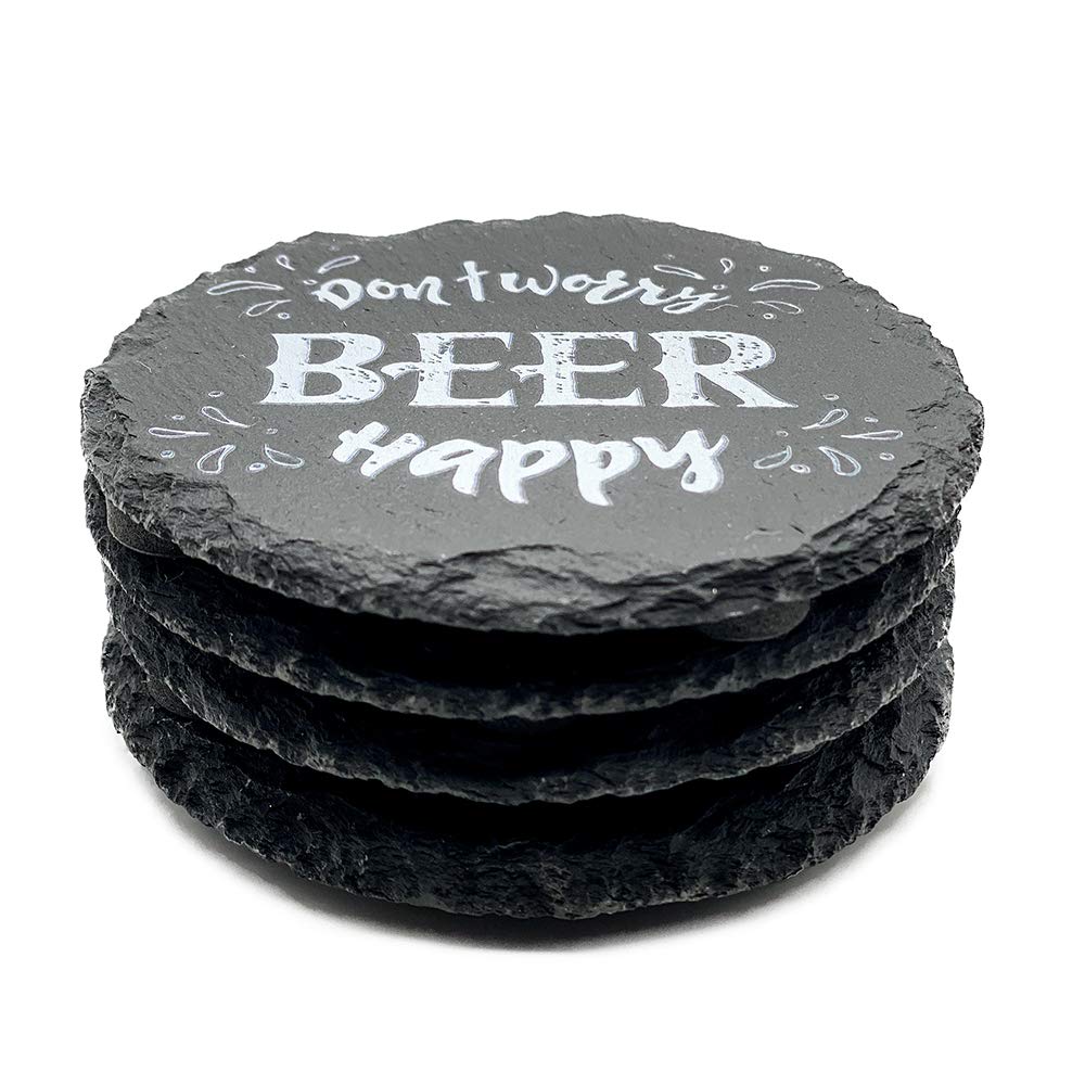 Petite Lili Black Round Natural Slate Funny Coaster, Don'T Worry Be Happy, Set Of 4 Housewarming ,Man Cave, ,Living Room Decorat