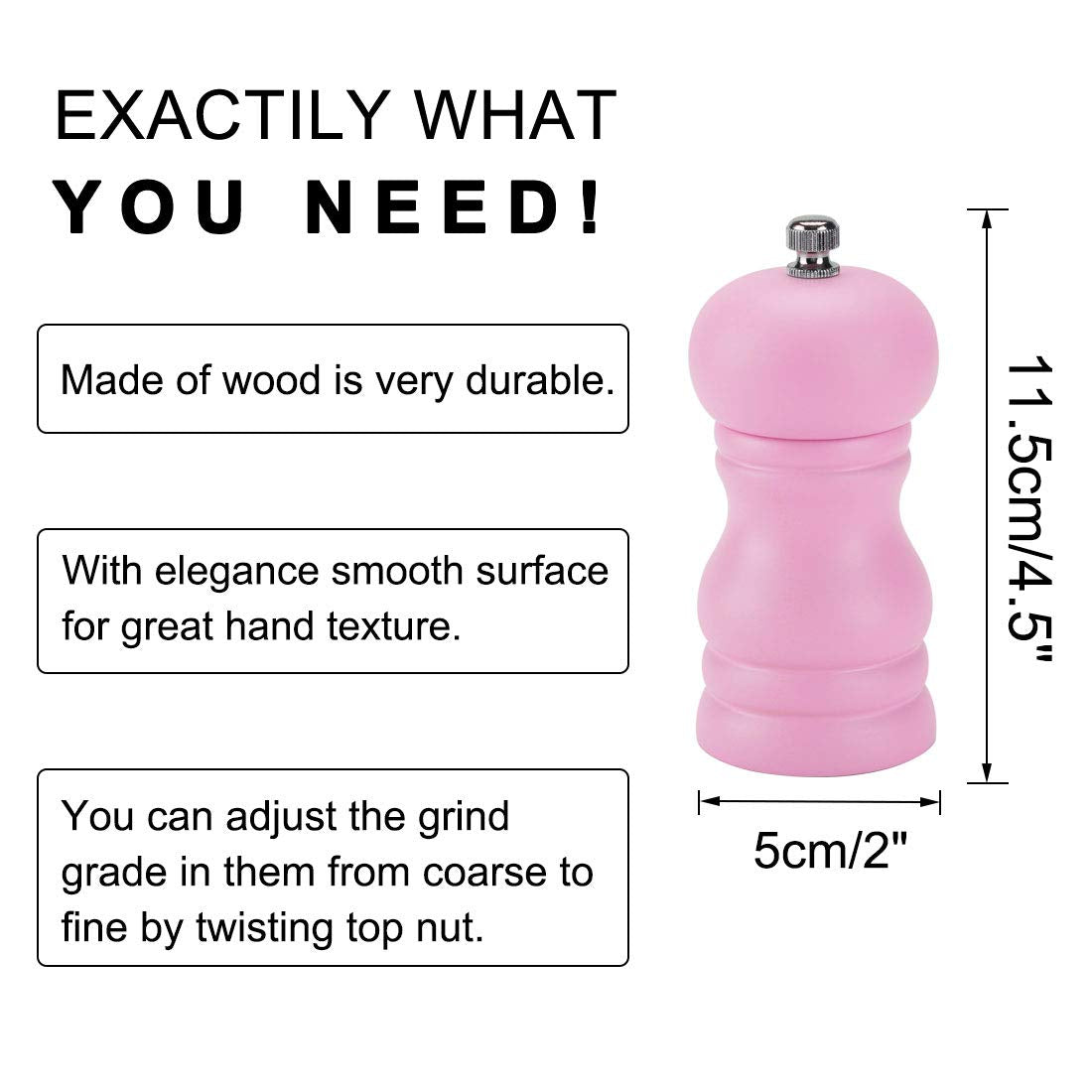 Uxcell Salt And Grinder 4.5 Inch Wooden Mills Shakers With Adjustable Coarseness For Seasoning Meal Prep Cooking Dining Pink
