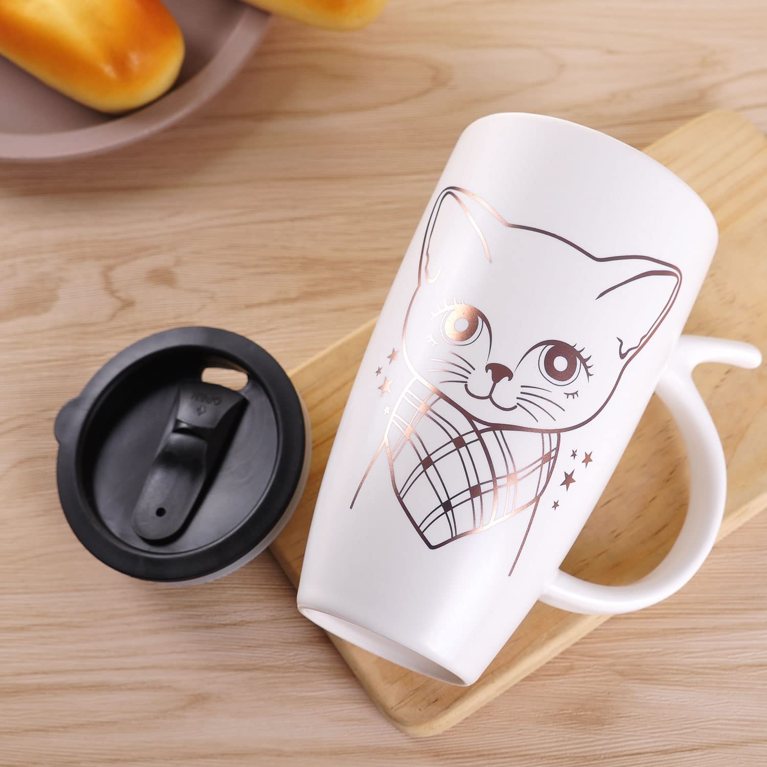 WHJY 20oz Large White Cute Cat Ceramic Coffee Mug with splash-proof lid, Cat Tail Handle, Animal Cat Mug Tumbler